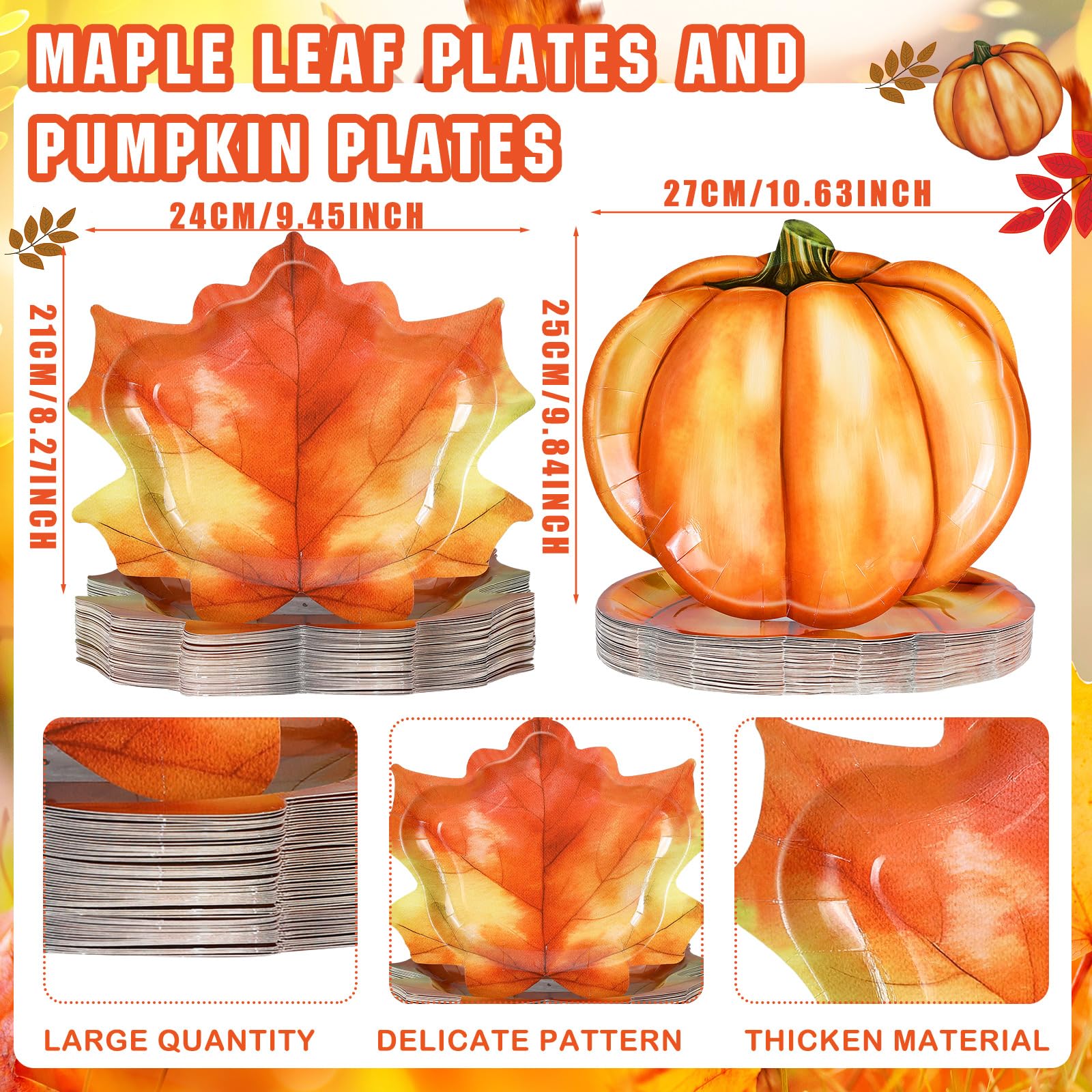 Fourluoo 96 Pcs Thanksgiving Paper Plates Disposable Fall Maple Leaf Pumpkin Shaped Plates Disposable Tableware for Autumn Harve