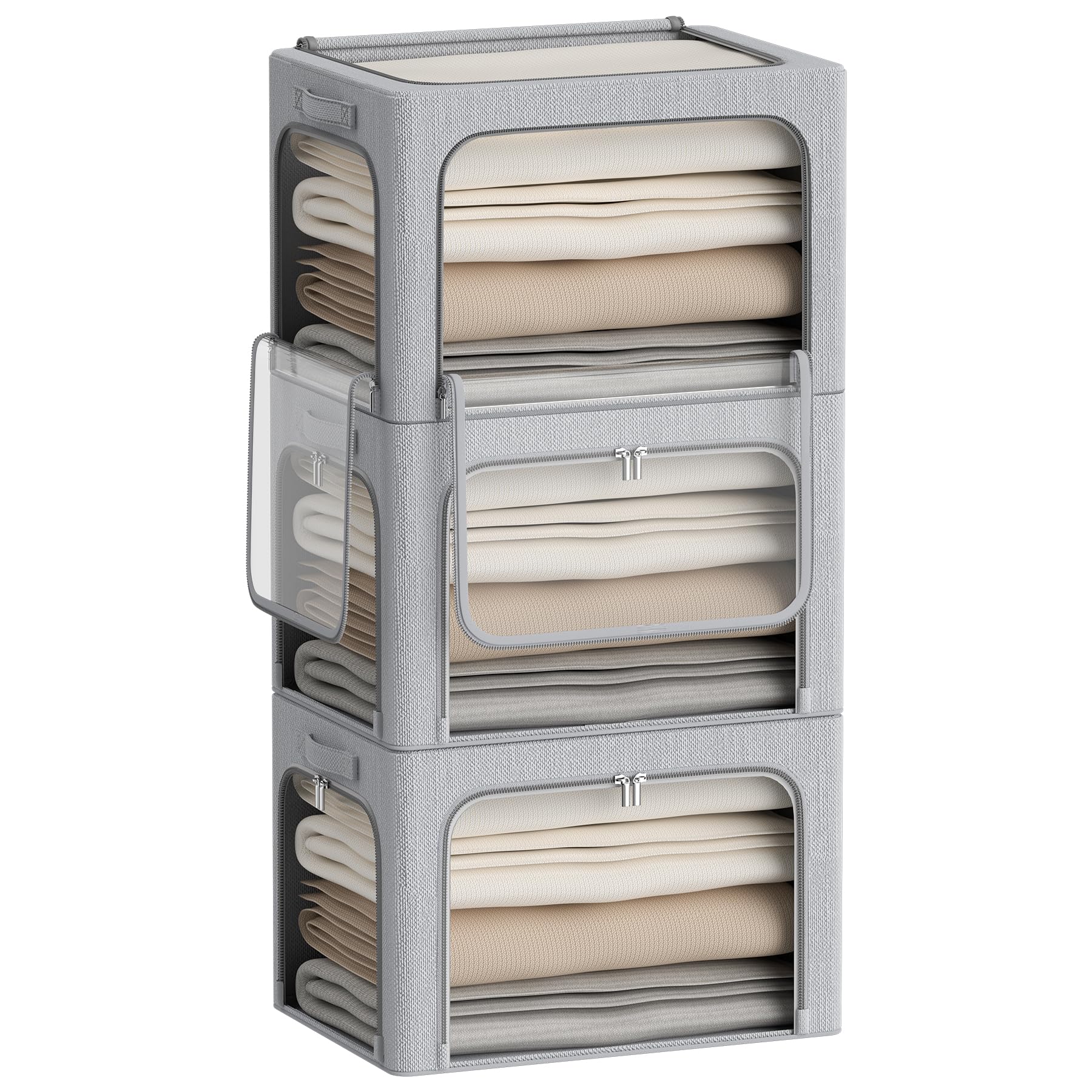 3 Openings Clothes Storage Bins Box - 3Pack Stackable Foldable Storage Bin - Metal Frame Storage Box Clothing Storage Organizer