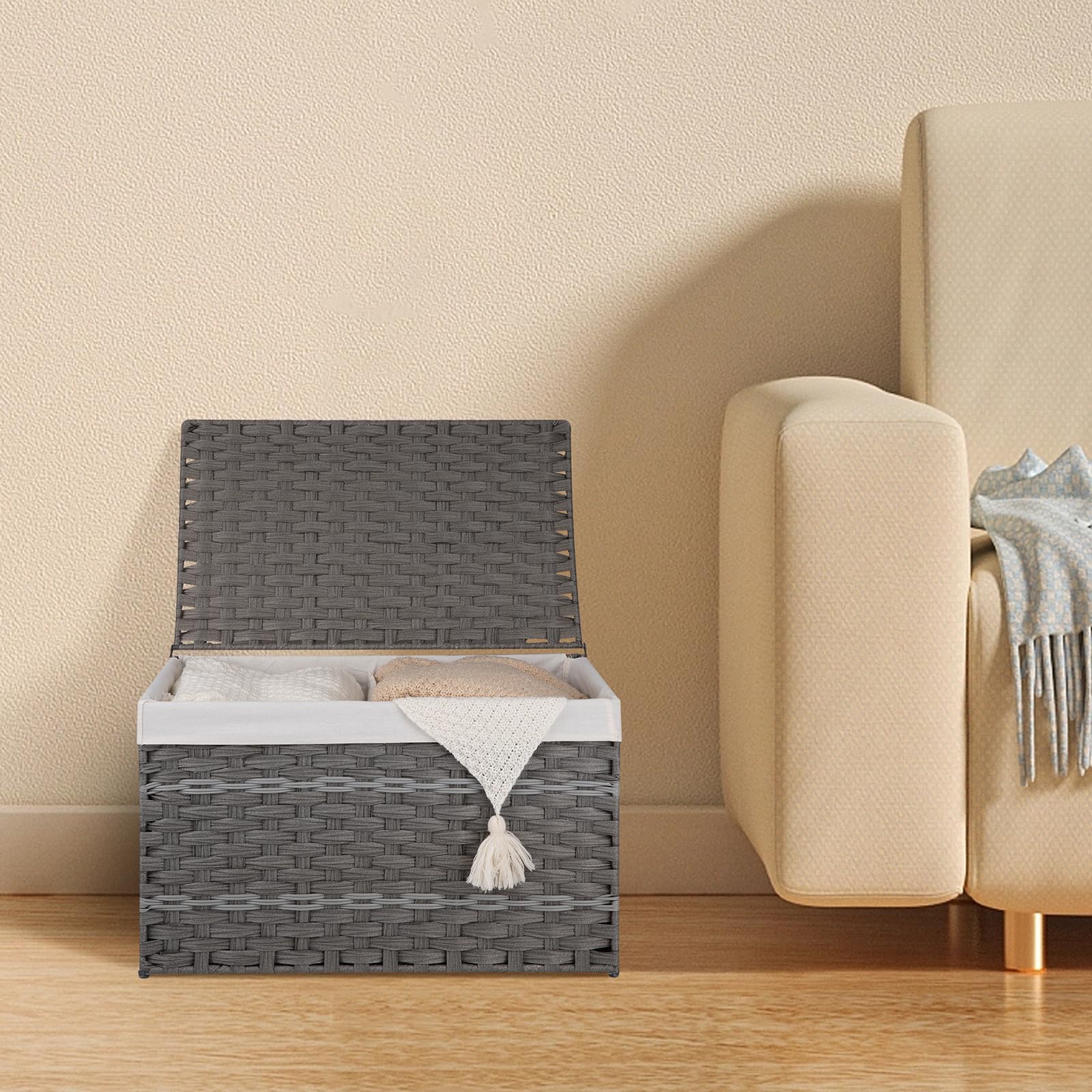 Oiahomy Storage Basket With Lid, 27.7 Gallon (105L) Blanket Basket With Removable Liner Bag, Synthetic Wicker Basket With Handle