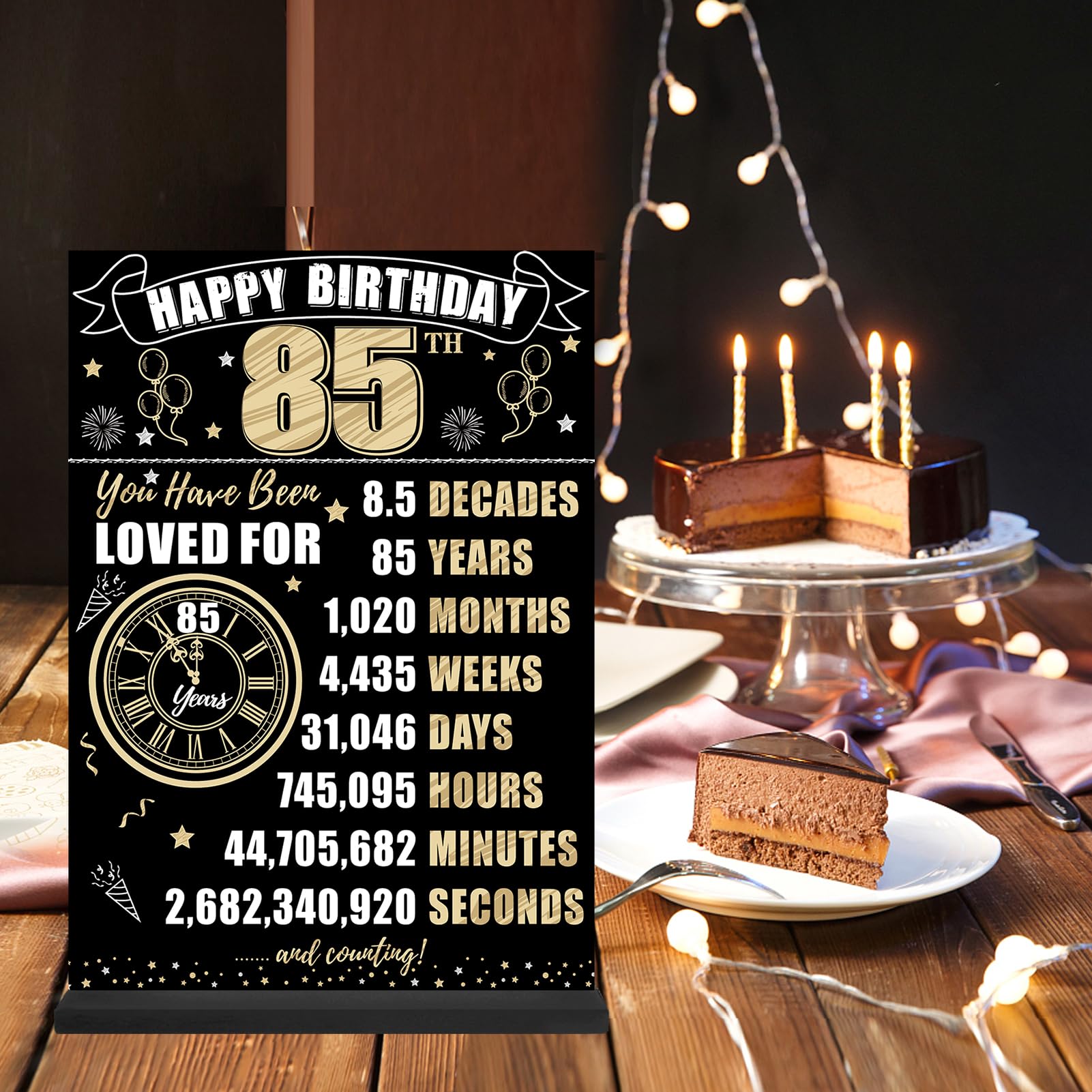 85Th Birthday Decorations Back In 1939 Table Sign For Men Women, Black Gold Happy 85 Bday Two-Sided Wooden Table Poster With Sta