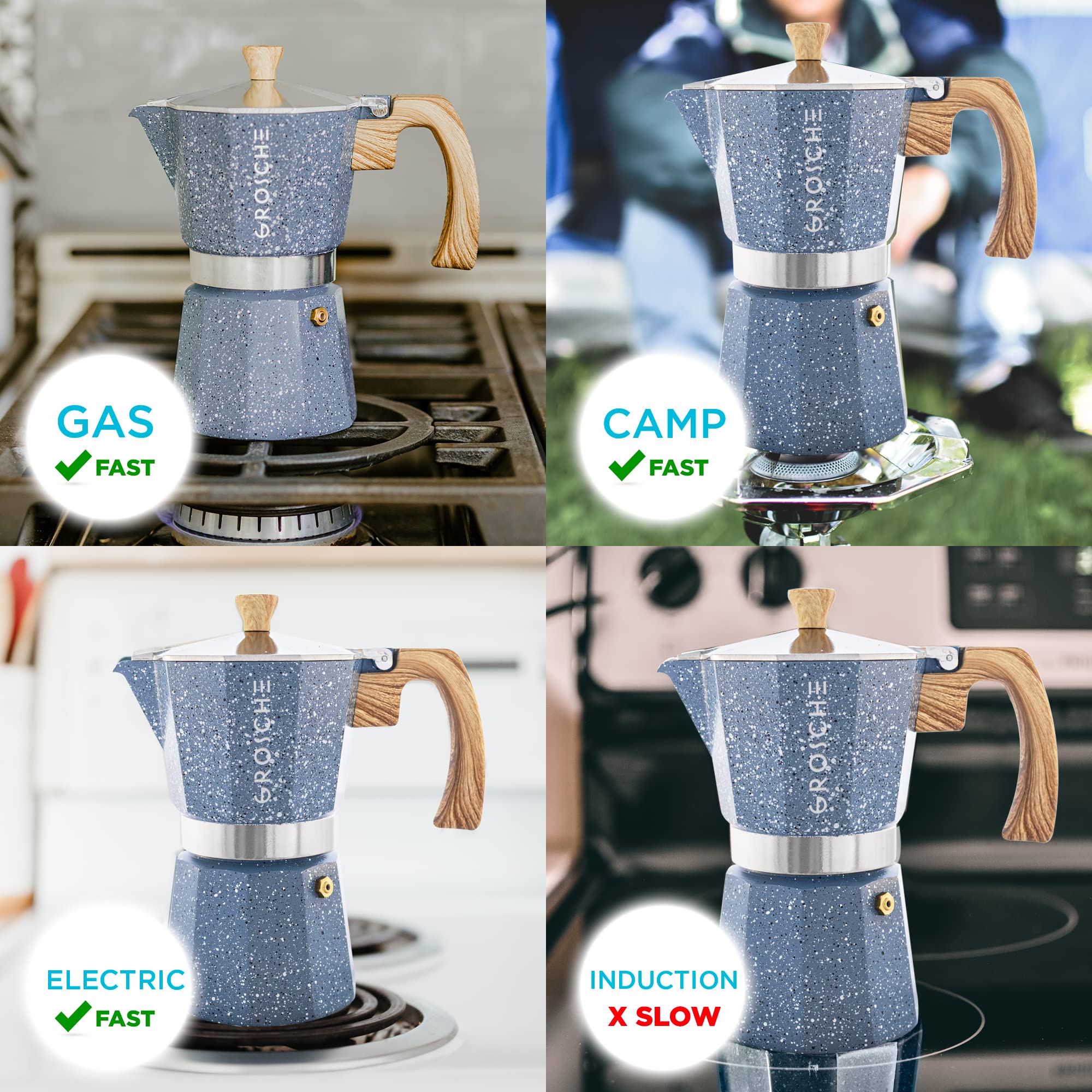 GROSCHE Milano Moka pot  Stovetop Espresso maker  Greca Coffee Maker  Stovetop coffee maker and espresso maker percolator (Indigo  3 cup)