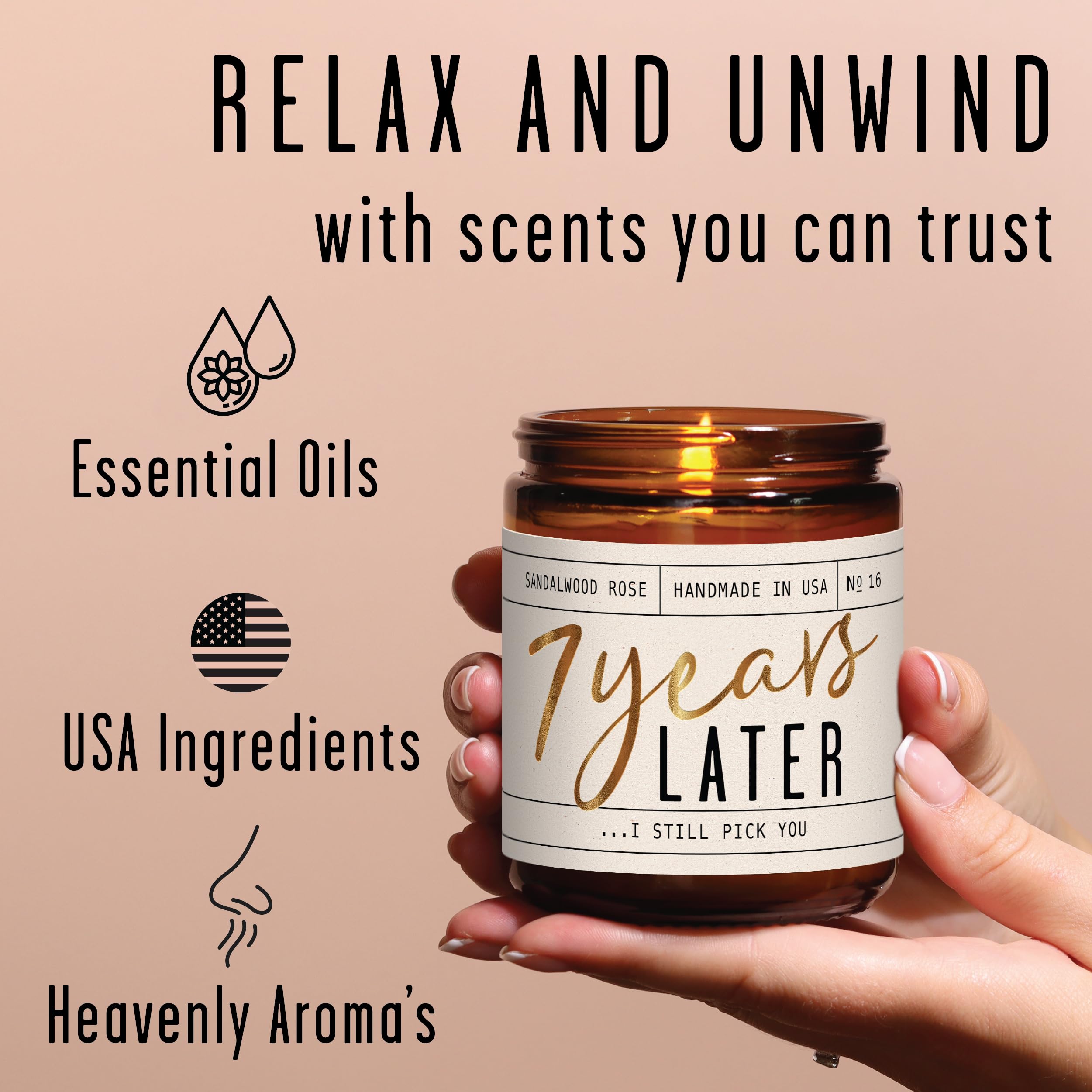 7 Year Gift for Anniversary for Her -  7 Years Later  Soy Candle, w/Sandalwood Rose - Infused w/Essential Oils I 7th Anniversary