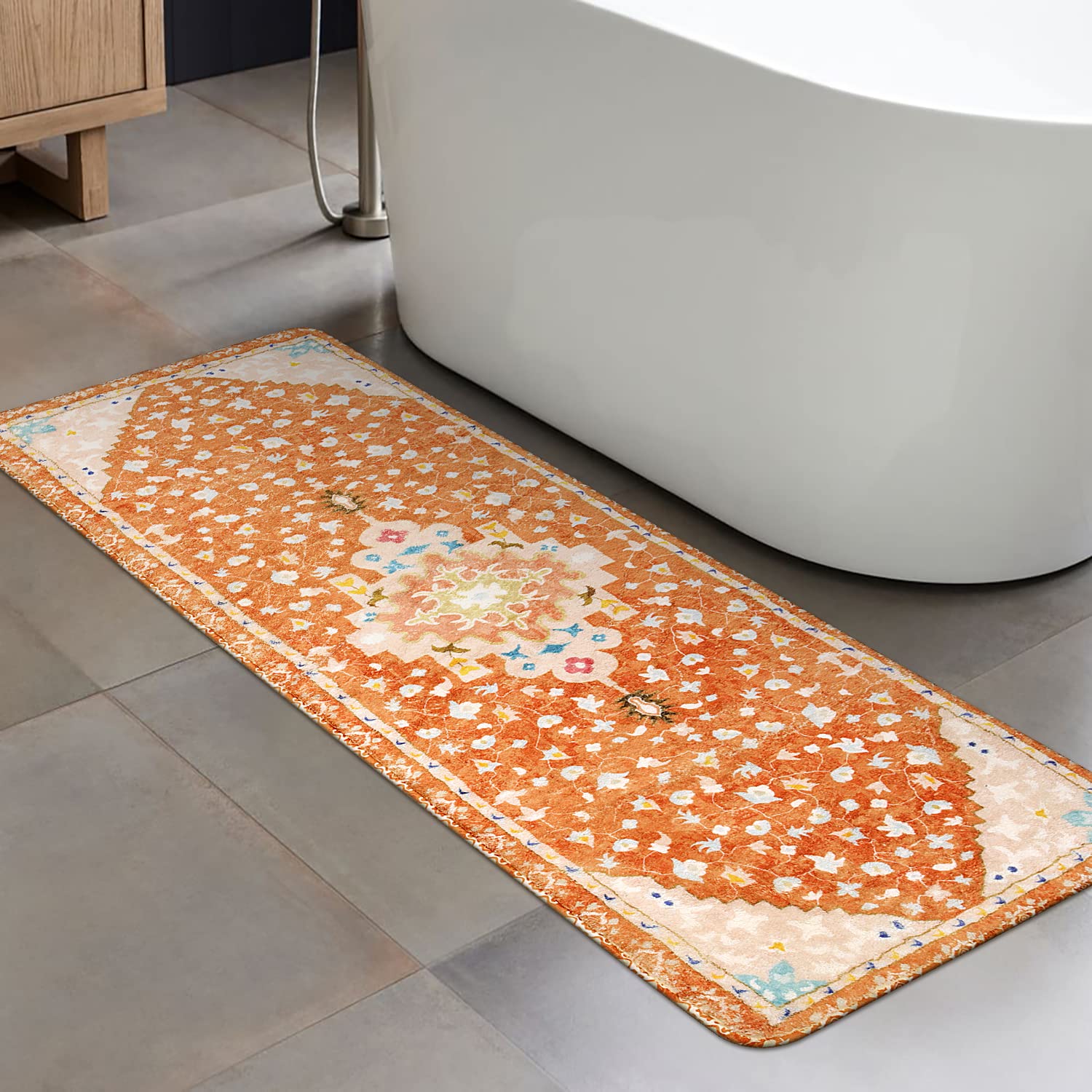 Uphome Long Boho Rug Orange Vintage Floral Bathroom Runner Rug Non-Slip Machine Washable Bath Mat Soft Velvet Oriental Tradition