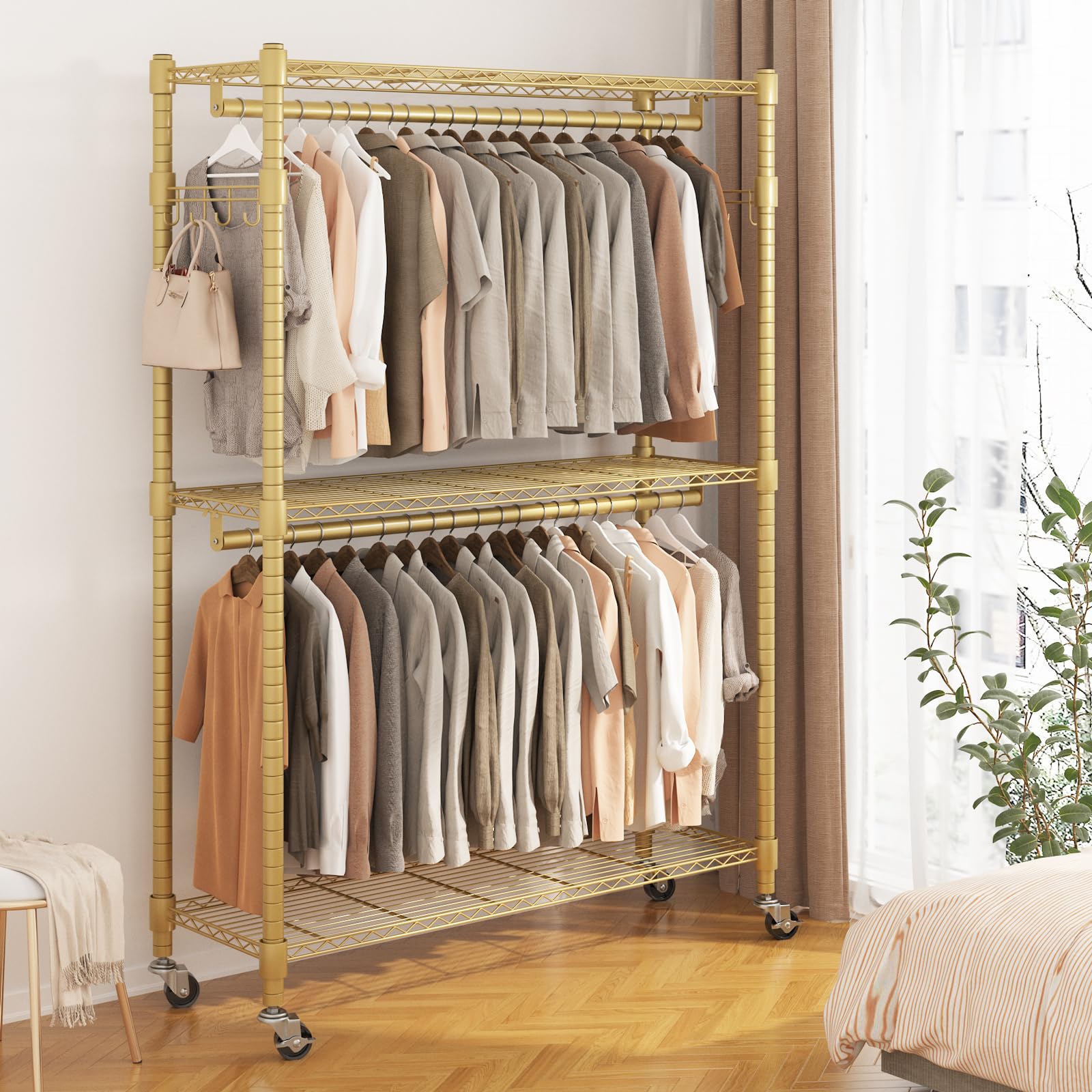 Bathwa Heavy Duty Garment Rack On Wheels, Rolling Clothes Racks For Hanging Clothes, Modern Closet Wardrobe Clothing Rack With 8