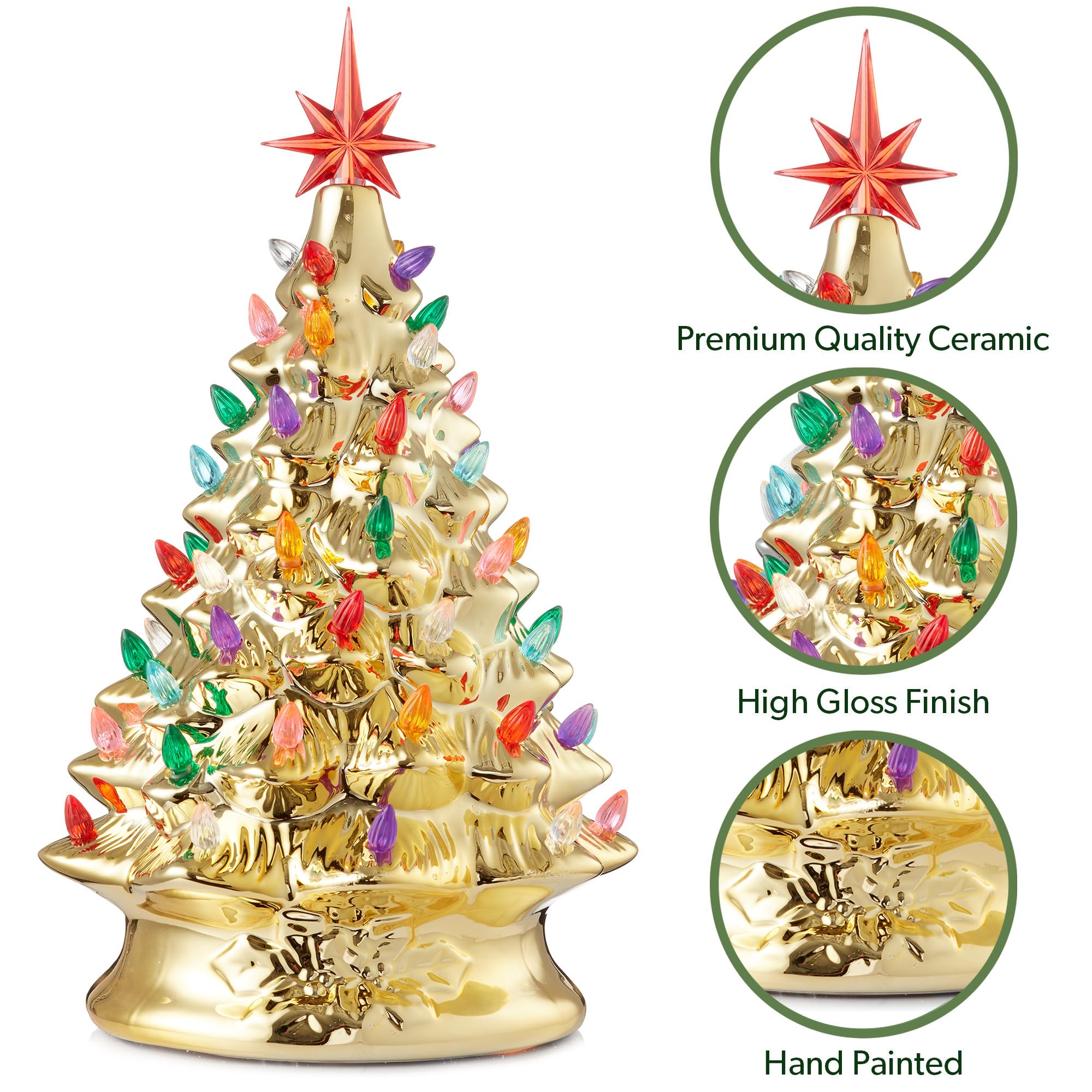 Casafield Hand Painted Ceramic Christmas Tree, Gold 15-Inch Pre-Lit Tree with 128 Multi Color Lights and 2 Star Toppers