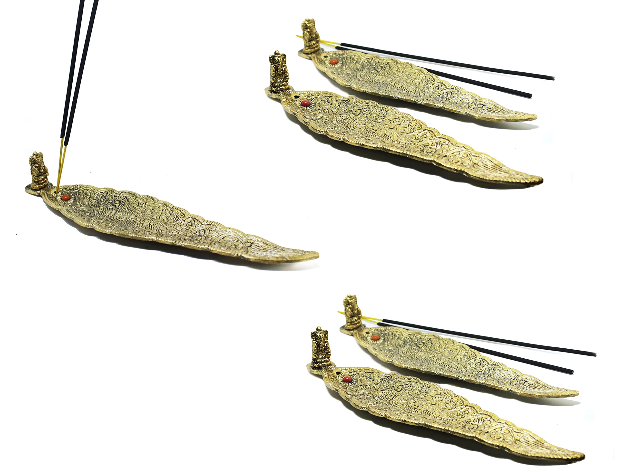 Crafticia Aluminum Leaf Incense Holder & Ash Catcher Agarbatti Stand Featuring Ganesh Figurine Pooja Article for God (9x2 inch)