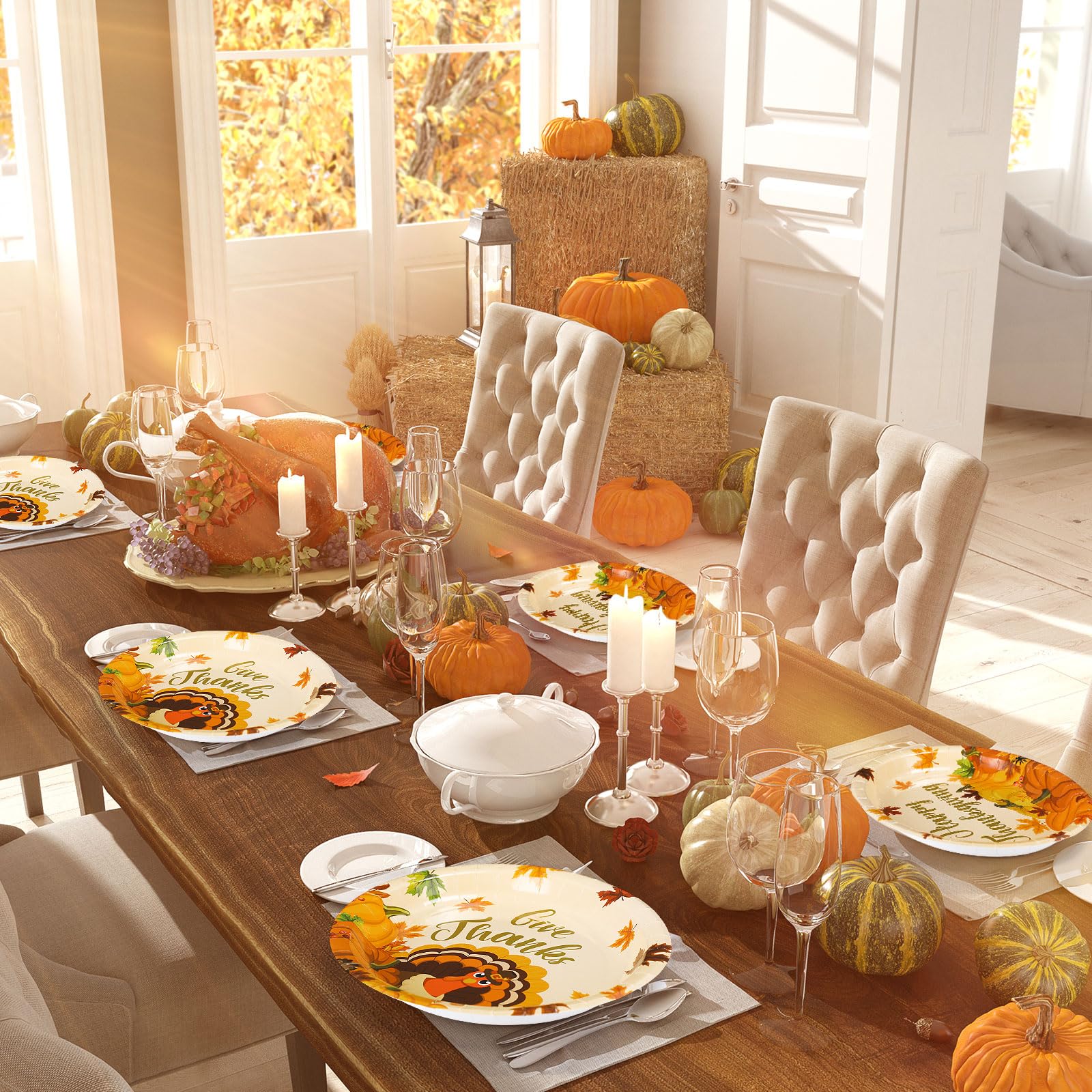 Pajean 50 Pcs Thanksgiving Paper Plates Bulk Fall Oval Dinner Plates 9 x 11 Large Autumn Leaves Pumpkin Turkey Disposable Tablew