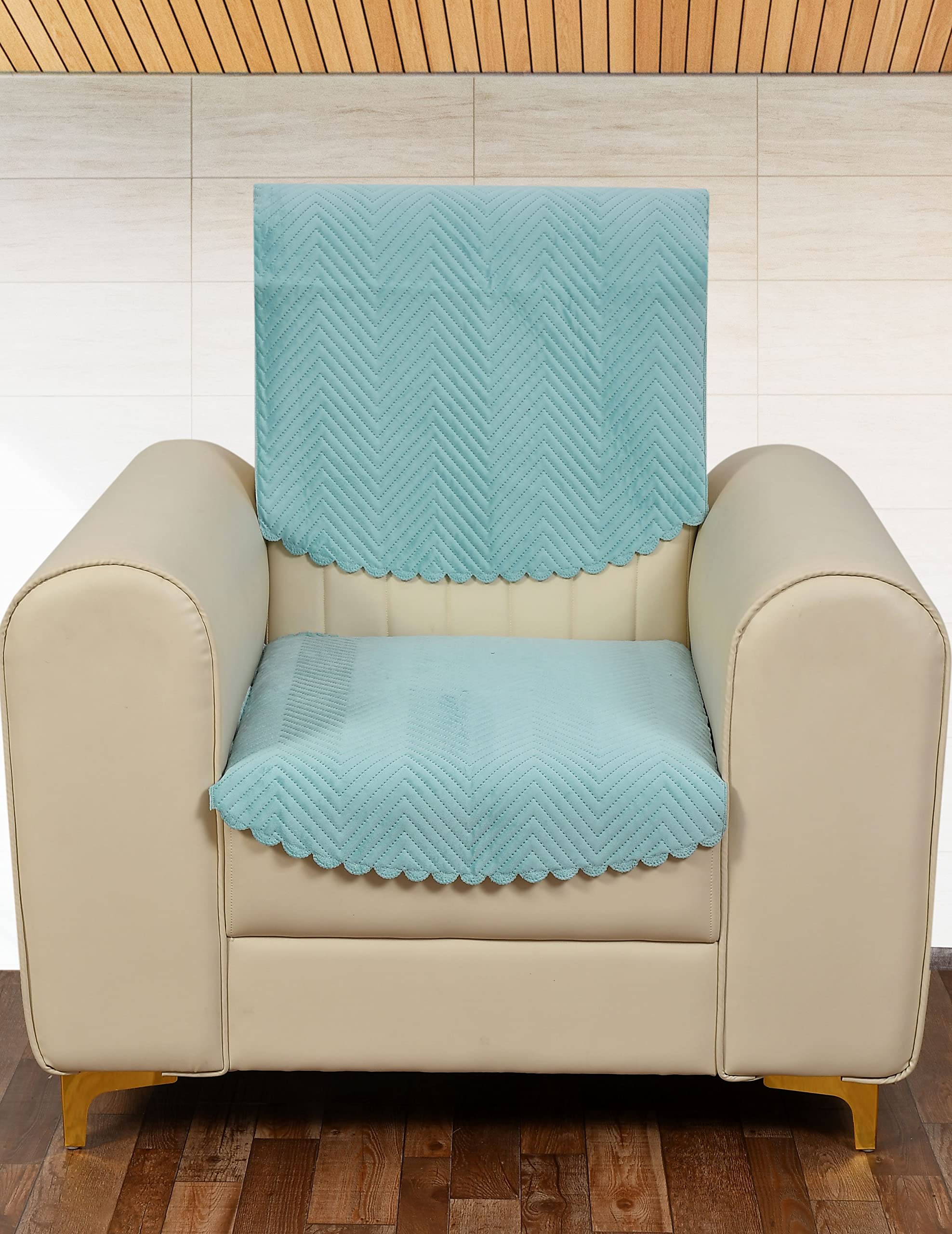 Yellow Weaves 1 Seater Quilted Sofa Chair Cover, Seat & Back Cover, Color - Sky Blue, Velvet