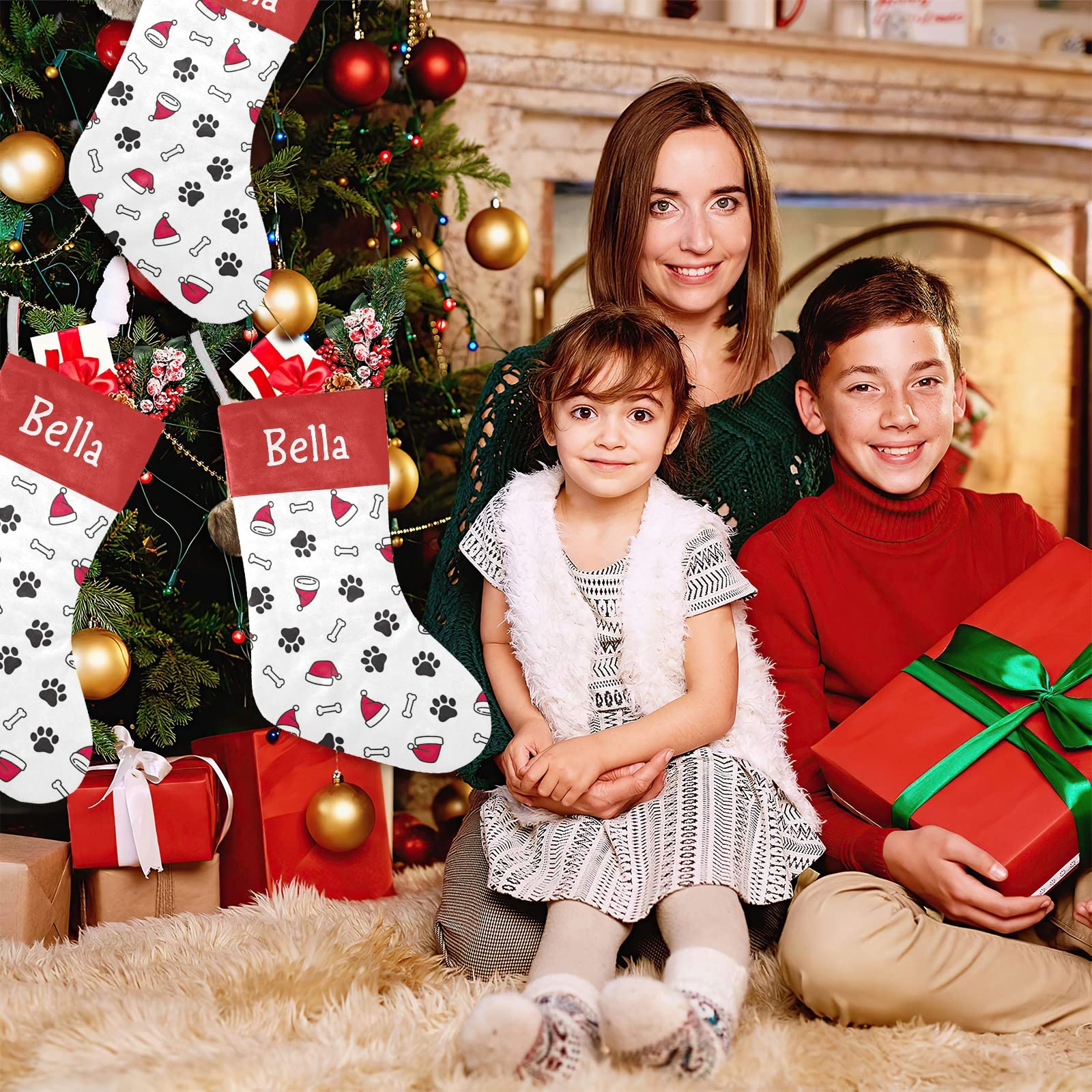 Personalized Name Cute Puppy Paws Santa Hats Bones Christmas Stockings Text Custom Xmas Holiday Pup Dog Gift Decor 17.52 x 7.87