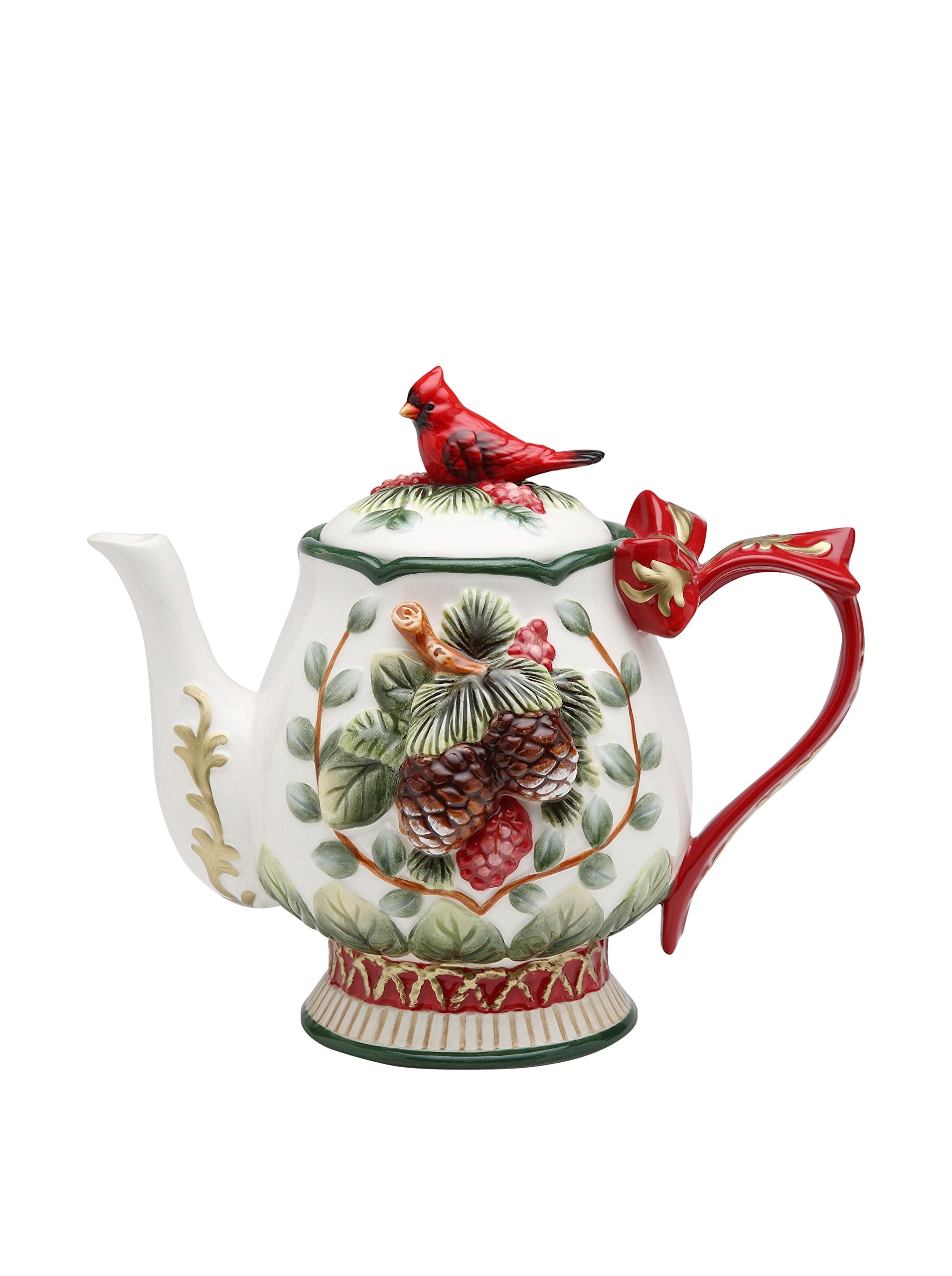 Fine Ceramic Hand Painted Cardinal And Evergreen Pine Cone Design With Red Ribbon Handle Teapot, 8-1/8'' L