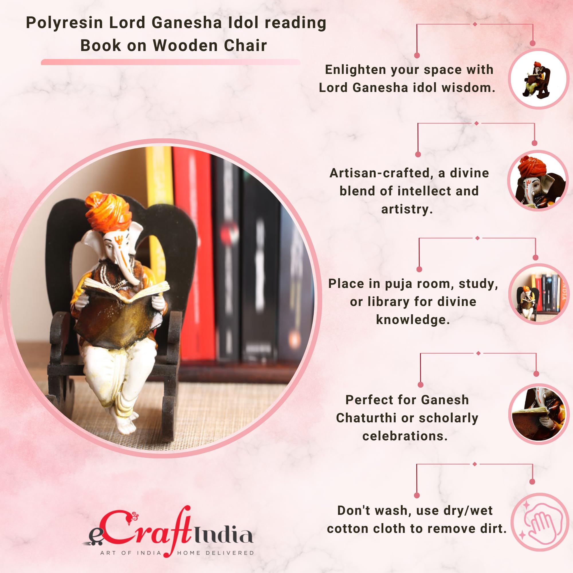 Ecraftindia Lord Ganesha Reading Book On Wooden Chair (Lxwxh - 4Inx5Inx6.5In)