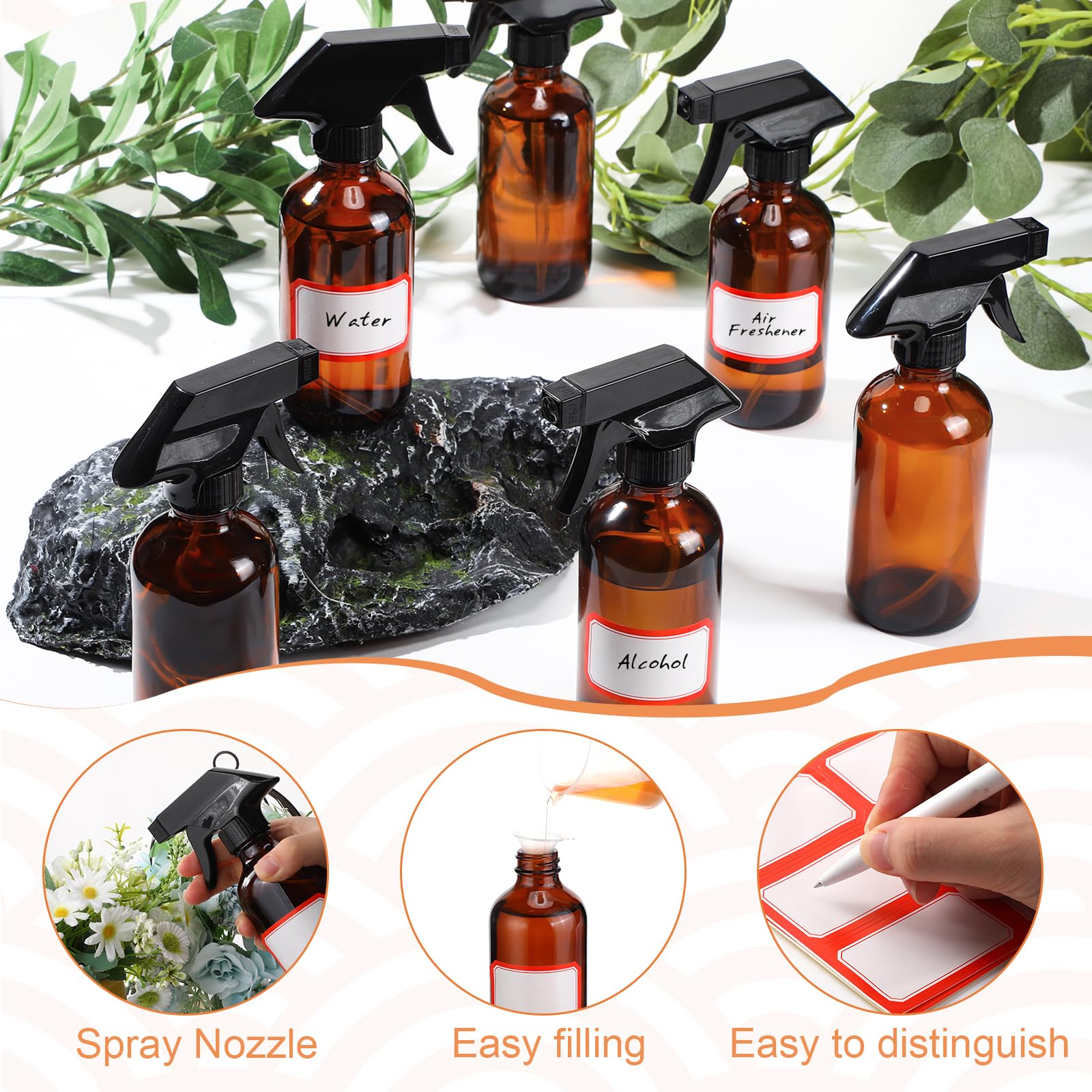 Norme 12 Pcs Glass Spray Bottles 8 Oz Spray Bottles With Funnels And Labels Refillable Cosmetic Empty Spray Bottles With Sprayer