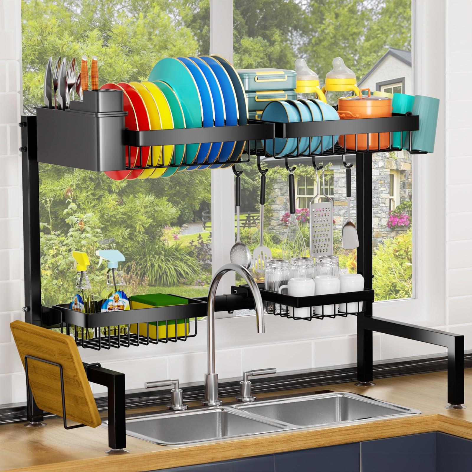 YKLSLH Over The Sink Dish Drying Rack, 2 Tiers 4 Baskets, Extendable Metal Rack, Black, Fits Sinks 24.8"-35.4"