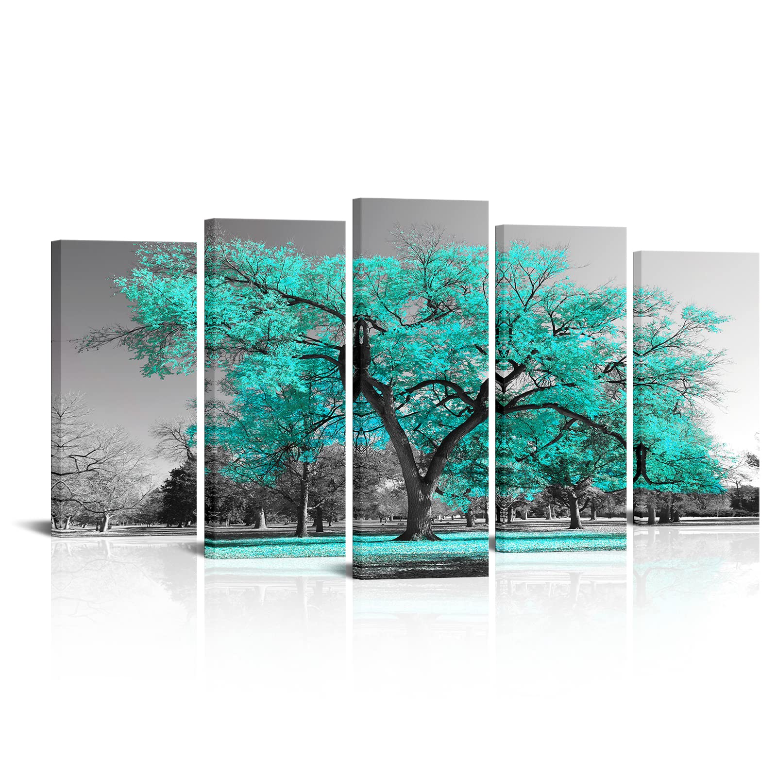 Visual Art Decor Large 5 Pieces Teal Tree Canvas Wall Art Turquoise And Grey Tree Blossom Picture Artwork Nature Wall Decoration
