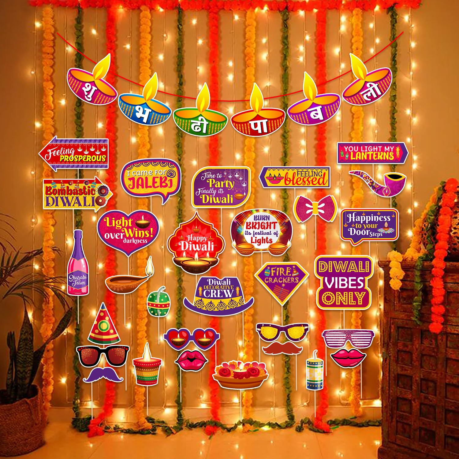 Zyozique Diwali Decorations Kit Combo, Diwali Decorations Items  Shubh Deepawali Paper Banner , Photo Booth Props & Ligt (Pack 