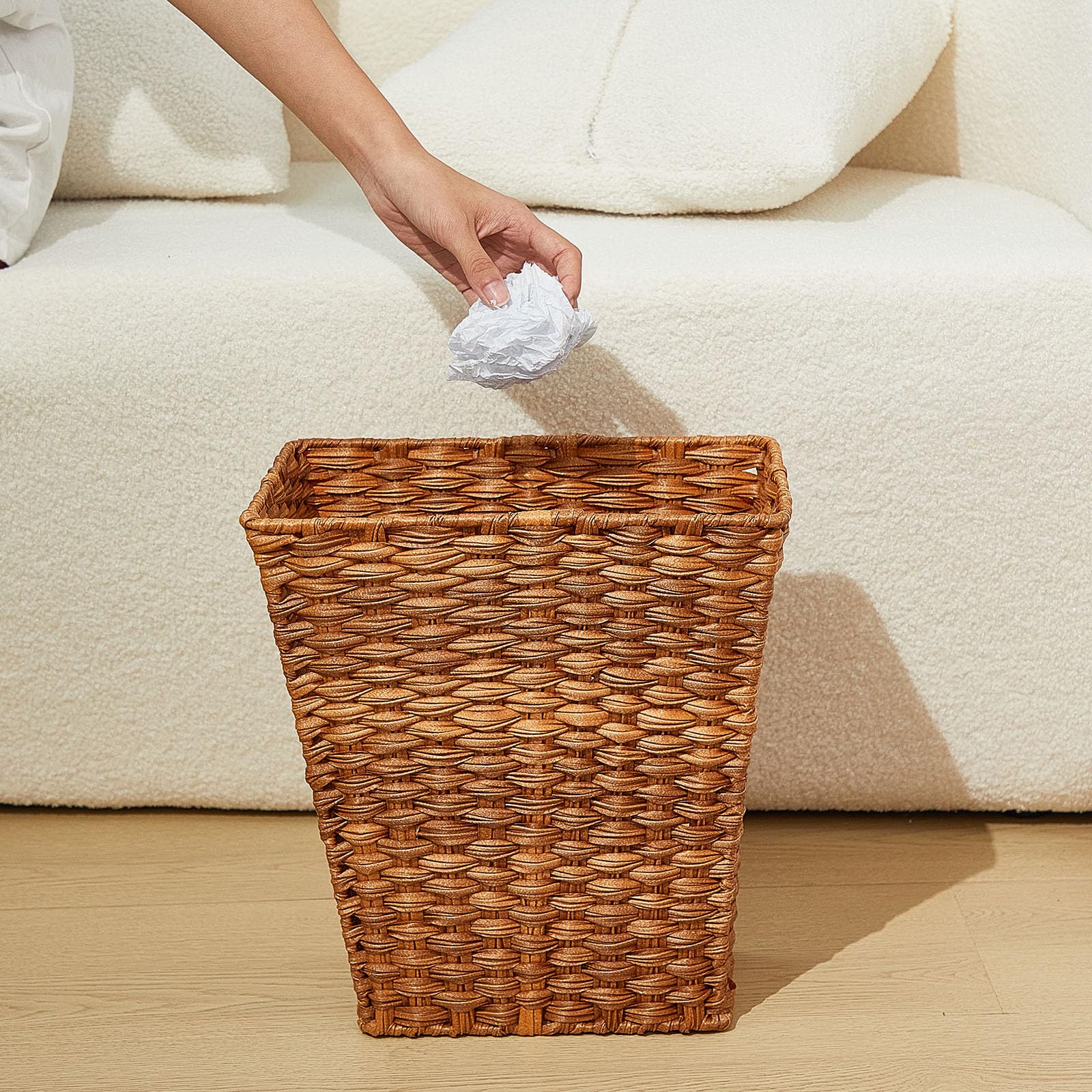 Dandat 2 Pieces Small Woven Basket Trash Can Bathroom Waste Baskets Decorative Rectangular Trash Basket Bin Plastic Woven Garbag