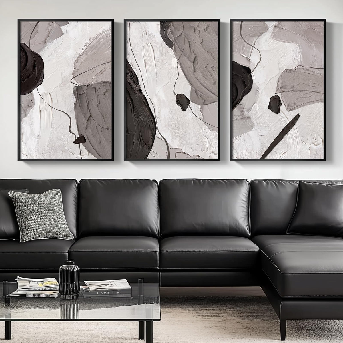 Large Framed Black And White Grey Abstract Wall Art For Living Room, Set Of 3 Piece Modern Minimalist Canvas Paintings Artwork F