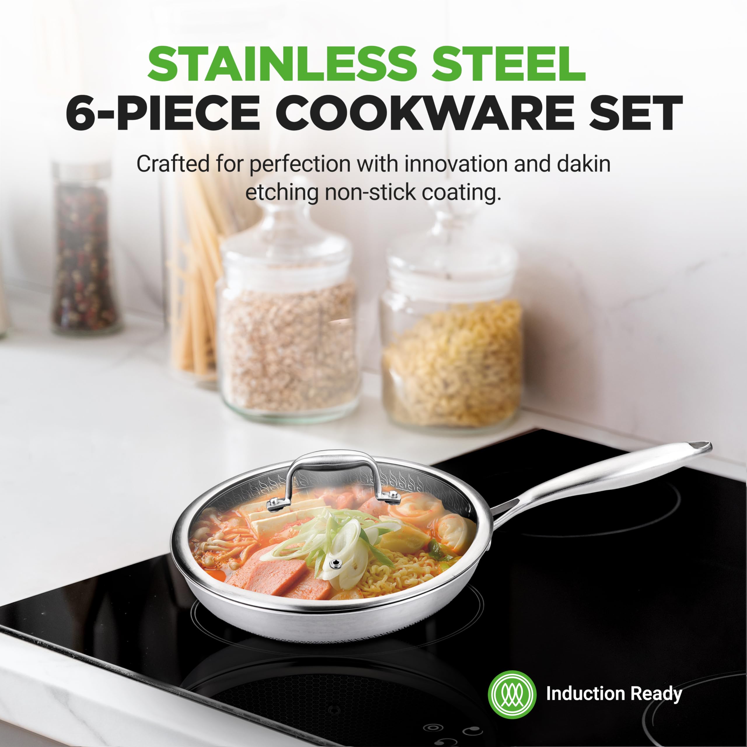 NutriChef 6-Piece Stainless Steel Frying Pan Set – 8", 10", 12" Non-Stick, Induction Compatible, Oven Safe, Assorted Color