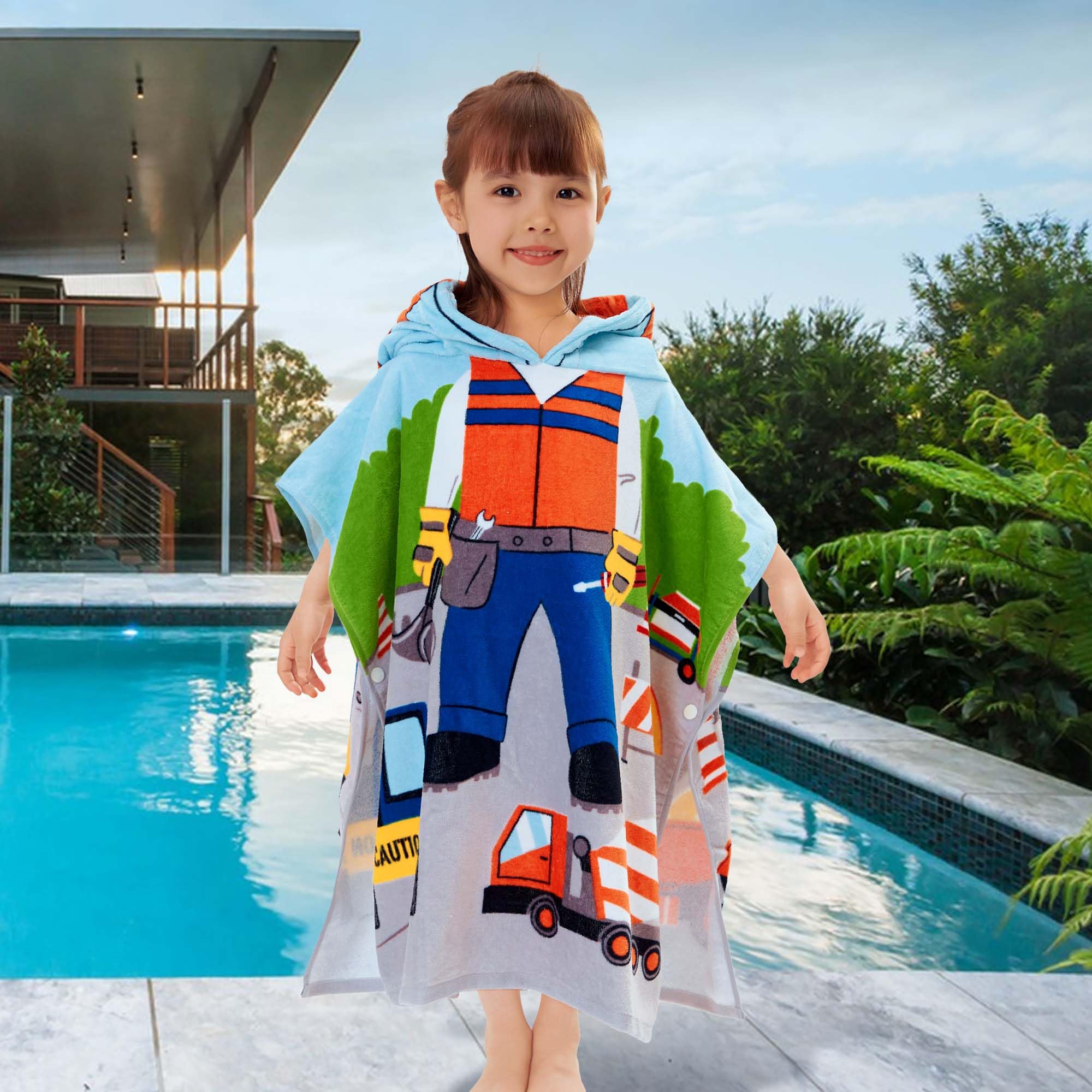 Voova  Movas Kids Beach Pool Towels With Hood, 48X24 Soft Cotton Bathrobe Poncho For Babys Toddlers 2 To 5T, Truck Work Zone The