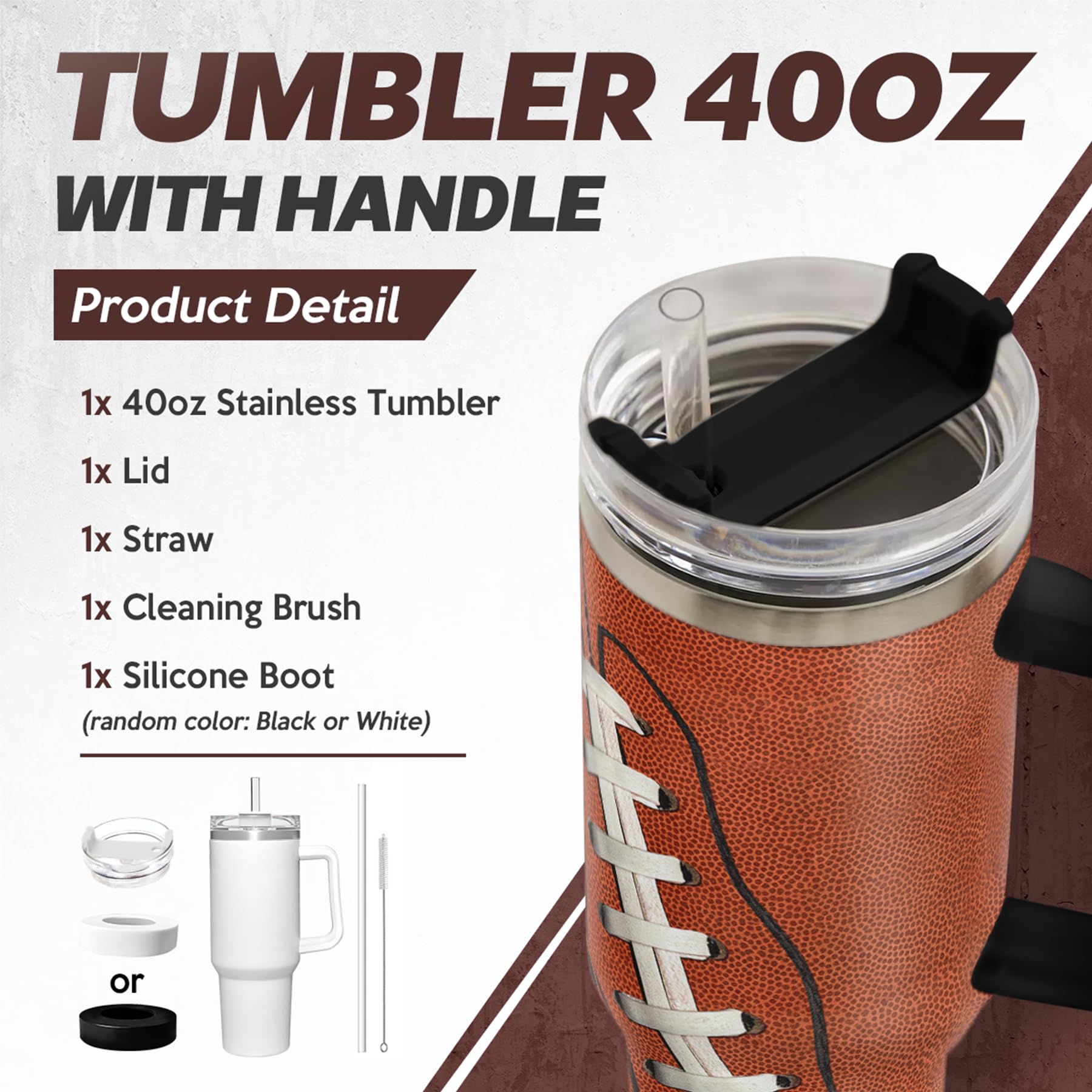 SANDJEST Football Tumbler with Handle 40oz Insulated Stainless Steel Cup with Lid & Straw, Travel Cup, Gifts for Men, Boys, Play