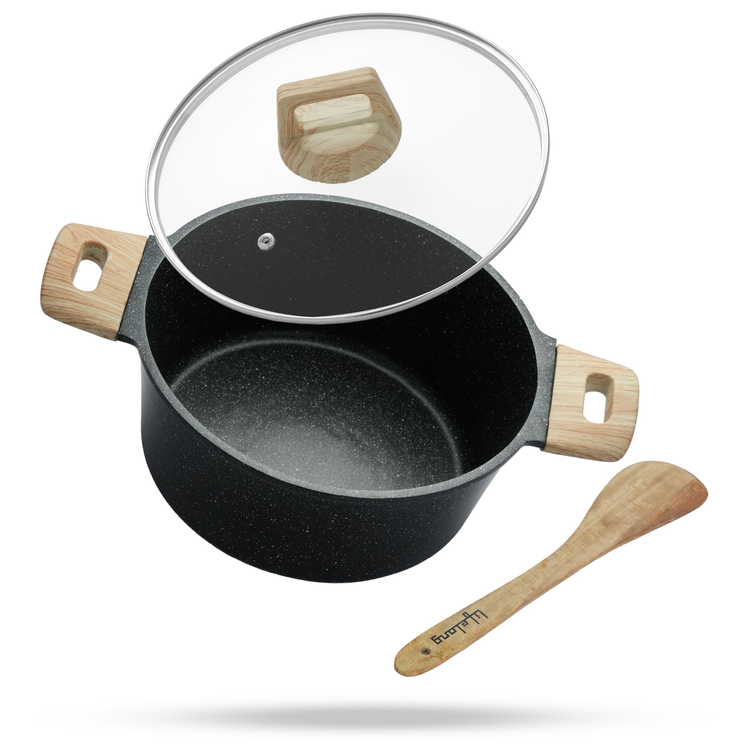 Lifelong Diecast Casserole 24 Cm With Non-Riveted Wooden Handle, Glass Lid & Wooden Spatula | 4L Capacity Serves 4-6 | For Curri