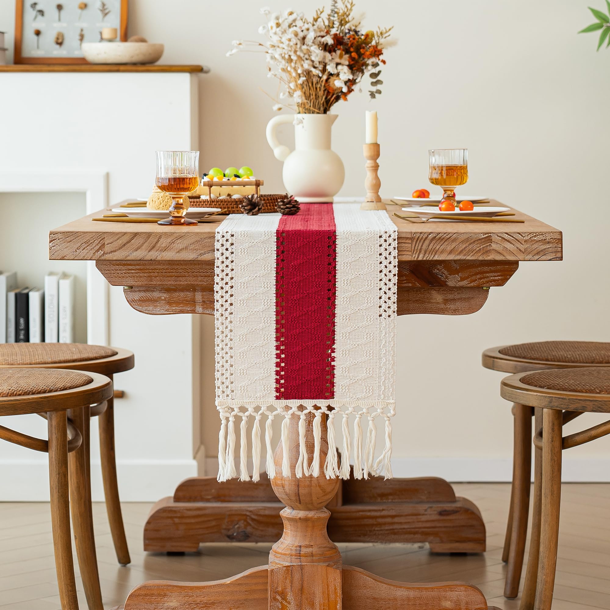 FEXIA Christmas Table Runner for Home Decor with Tassels 72 Inches Long Farmhouse Red Rustic Boho Table Runner Macrame Burlap Ta