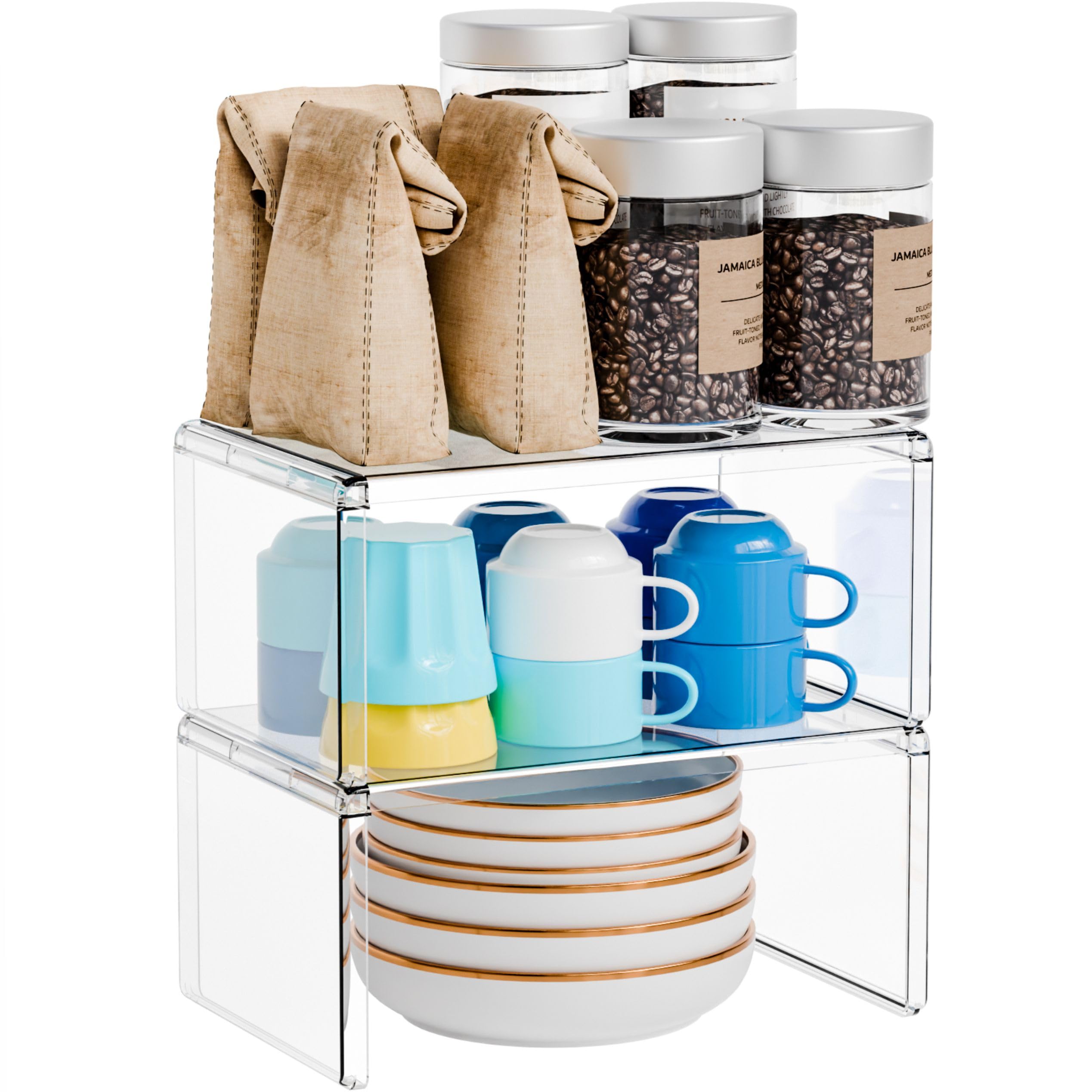 Yieach 2 Pack Acrylic Cabinet Organizer,2 Tier Stackable Shelves for Cabinets,RV Pantry Organization,Counter Space Saver Desk Or