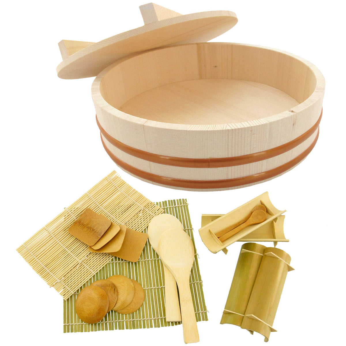 Bamboomn 15.3'' Hangiri Oke Sushi Rice Cooling Bowl/Tub With Lid, 19 Pieces Making Serving Accessory Kit - Jumbo