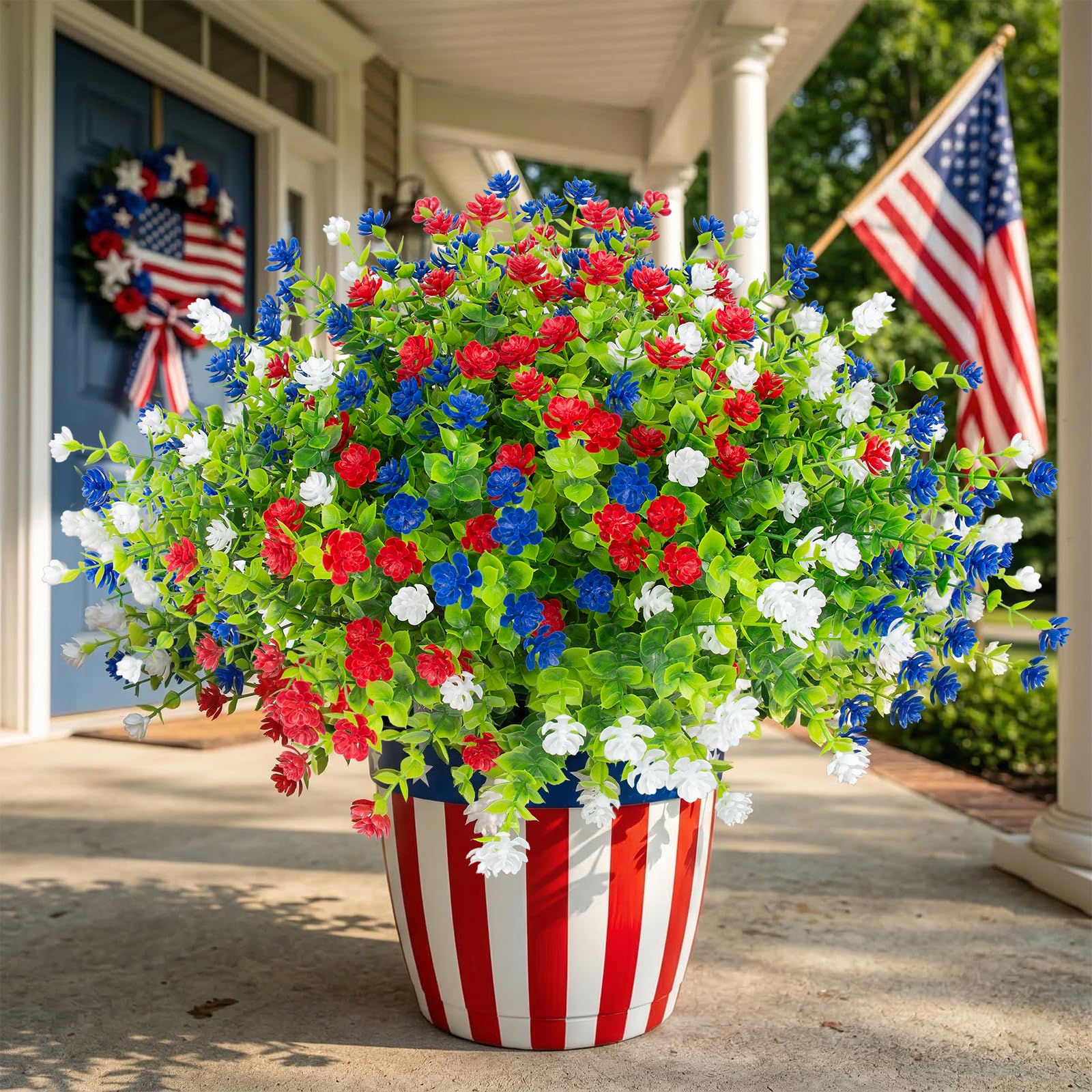 Hananona 12 Pcs Artificial Flowers Outdoor, Faux Artificial Plants UV Resistant Plastic Patriotic Flower Bulk for 4th of July Ha