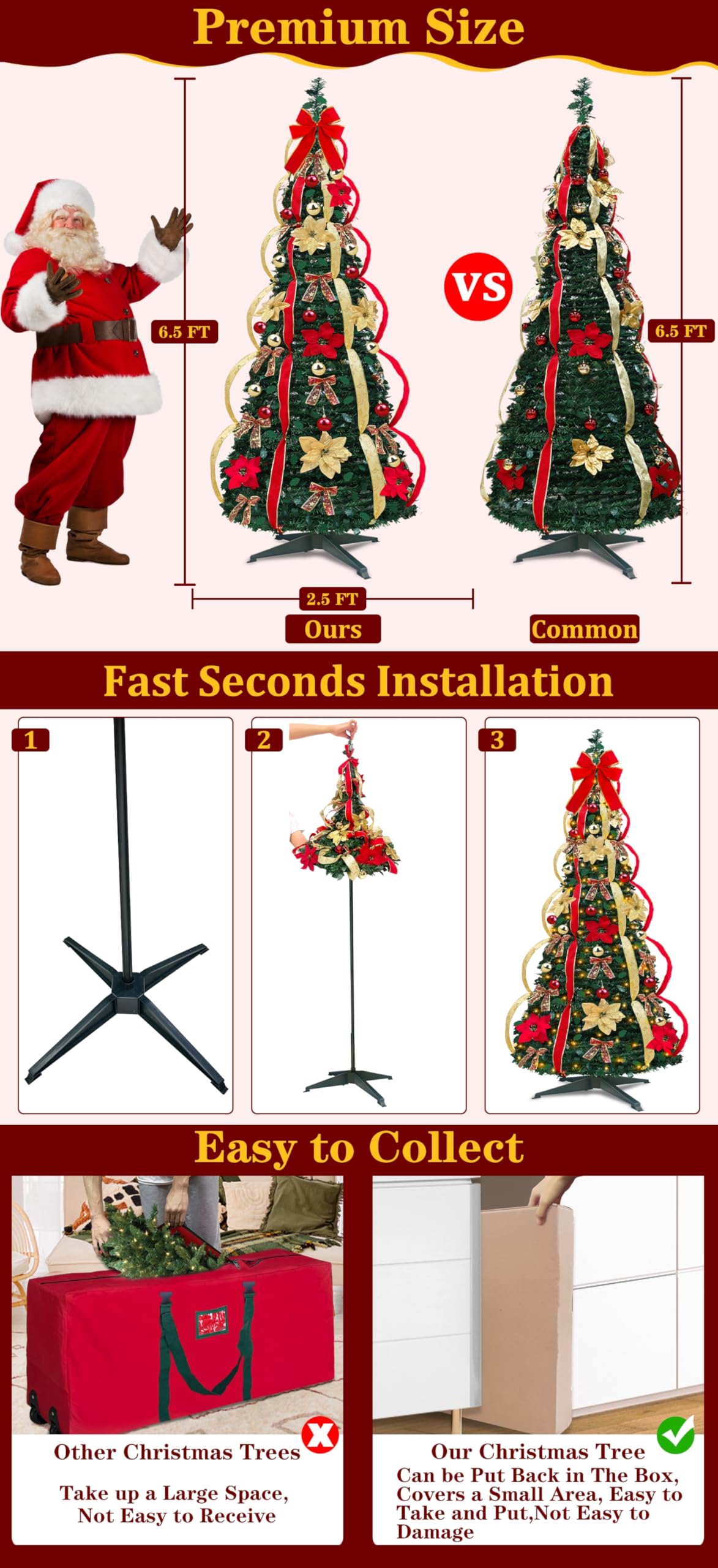 6.5 Ft Prelit Full Pop up Christmas Tree with Timer 8 Mode 200 Warm Lights, Ornaments, Red&Gold Ribbon, Flowers, Bows,UL Plug Po