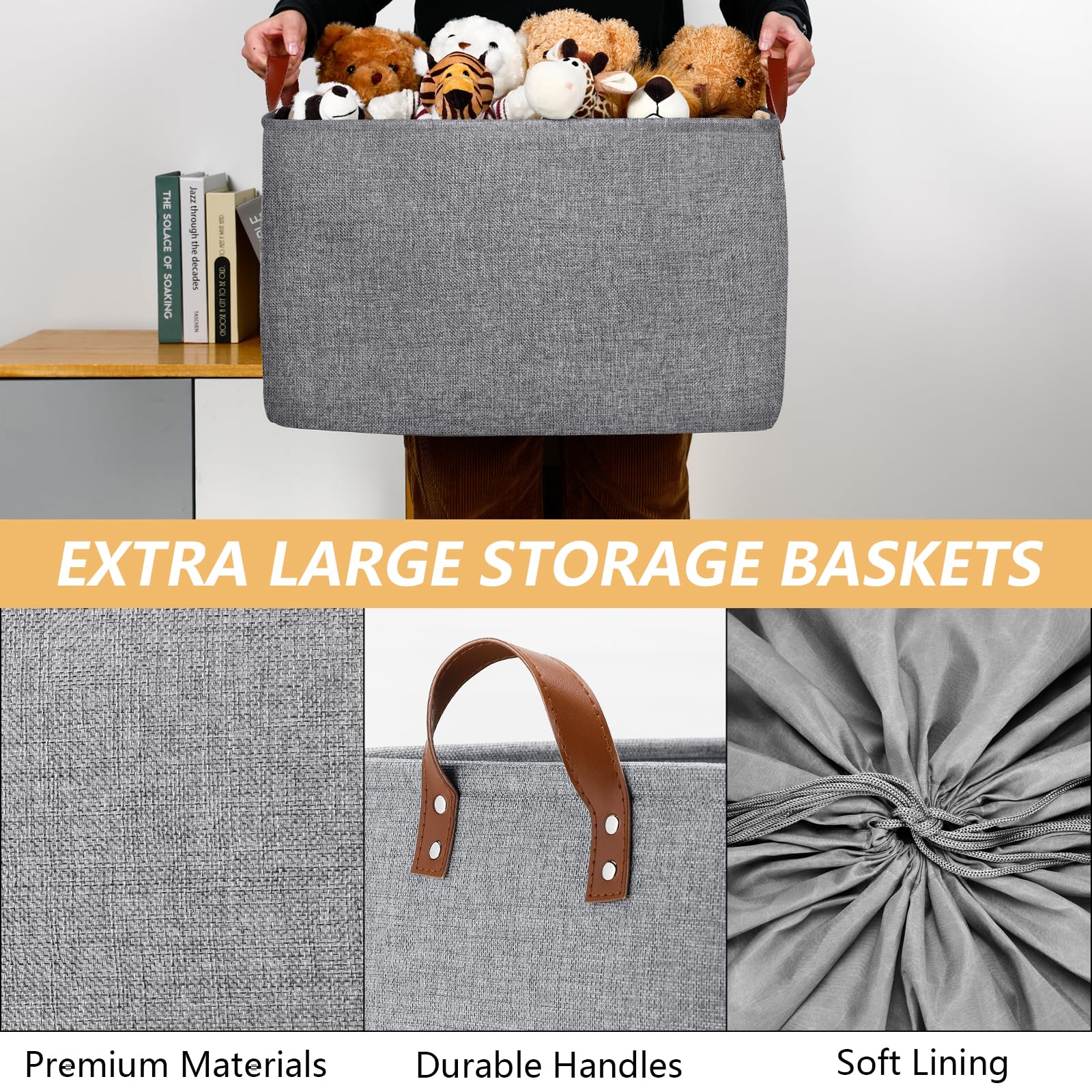 Dullemelo Extra Large Grey Basket For Organizing, Collapsible Fabric Storage Basket With Handles, 70L Oversized Storage Bin, Lar