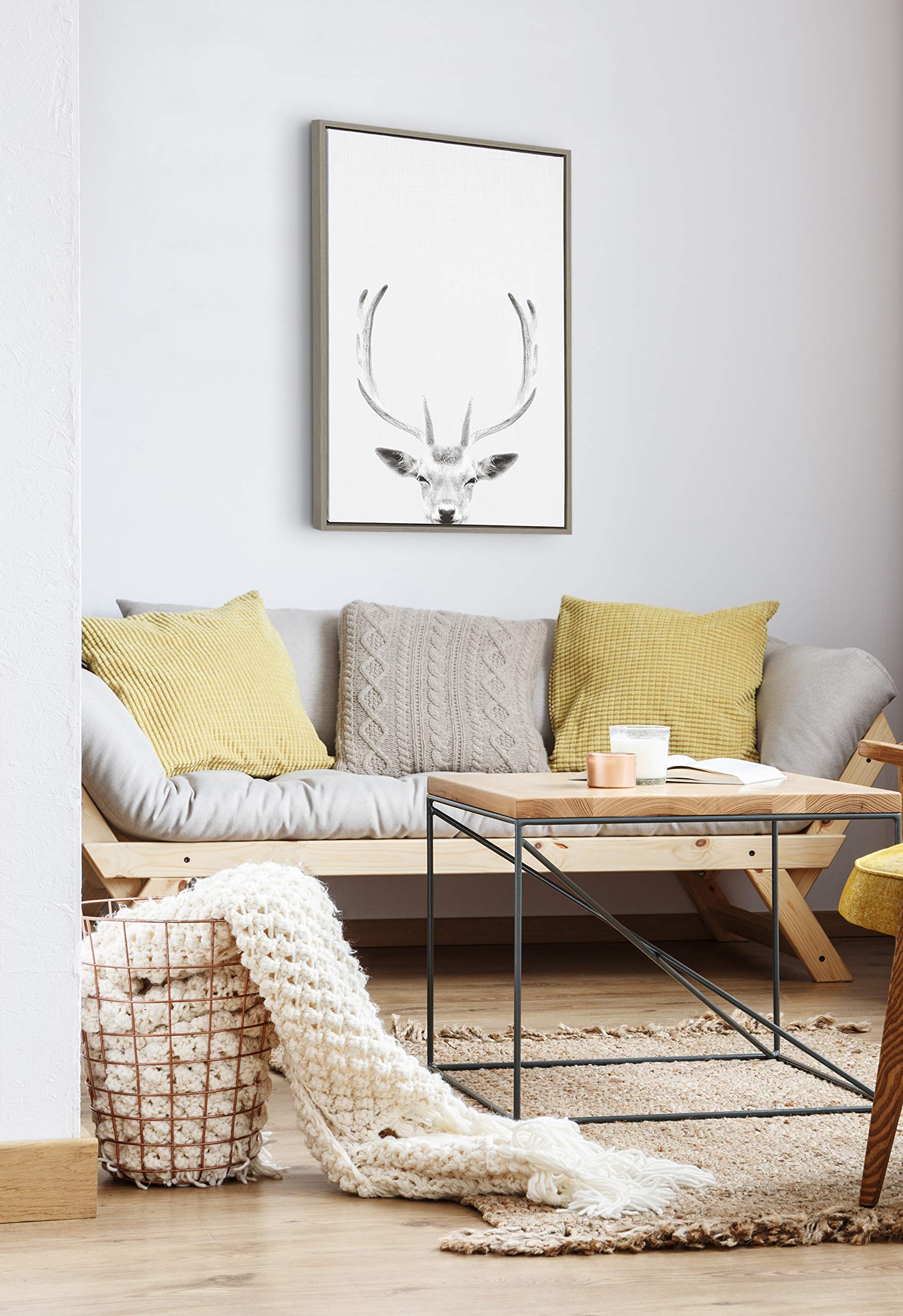 Kate And Laurel Sylvie Deer With Antlers Black And White Portrait Framed Canvas Wall Art By Simon Te Tai, 23X33 Gray