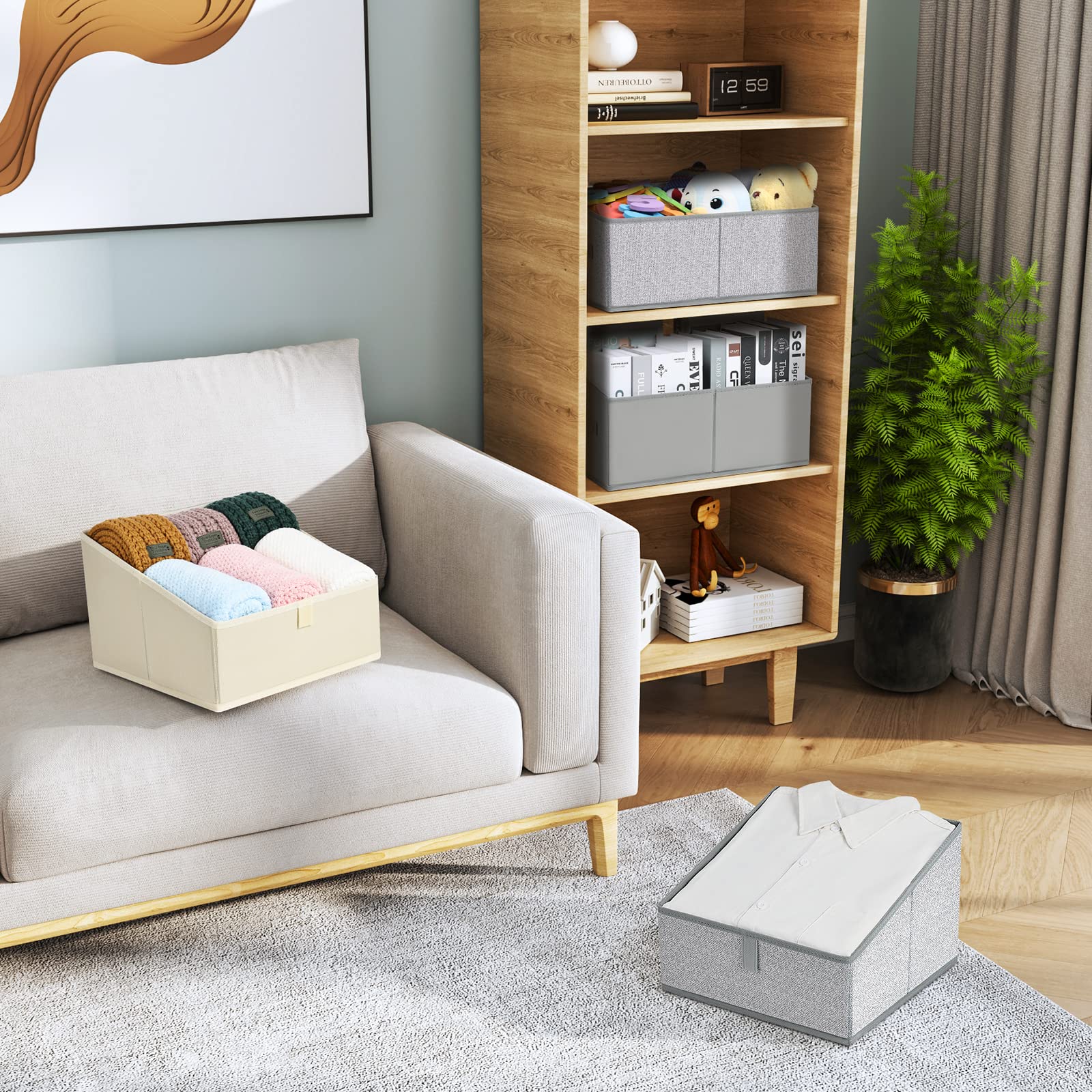 DIMJ Closet Bins  Trapezoid Storage Basket for Shelves  Fabric Storage Bins with Handle and Divider  Foldable Closet Organizer Bins for Clothes  Towels  Toys  DVD  Books  6 Packs  Grey