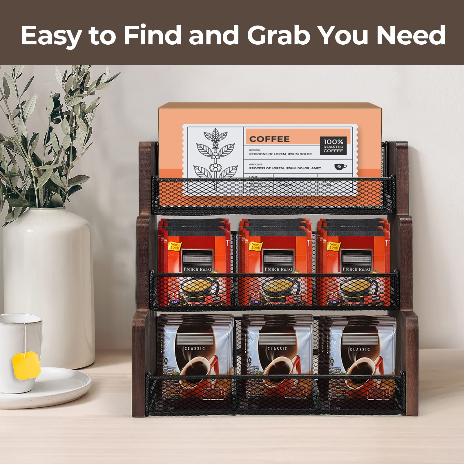 Tj.Moree Tea Bag Organizer 3 Tier Tea Storage, Solid Wood Tea Storage Chests For Kitchen, Office, Countertop, Cabinet Pantry, Te