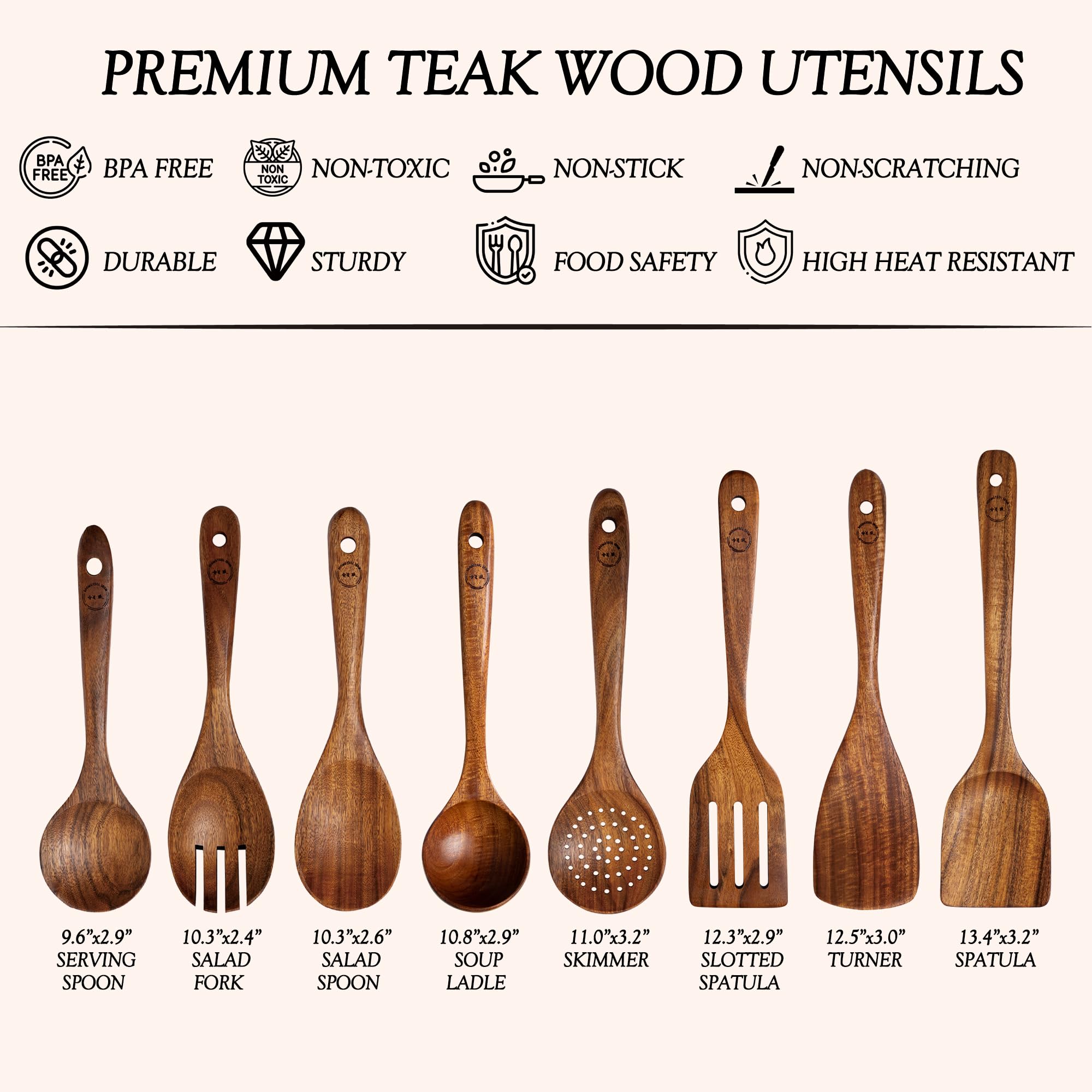 Wooden Spoons For Cooking - 8 Pcs Teak Wood Cookware Utensil Set With Smooth Finish - Non-Stick, Comfortable Grip - Durable, Hea