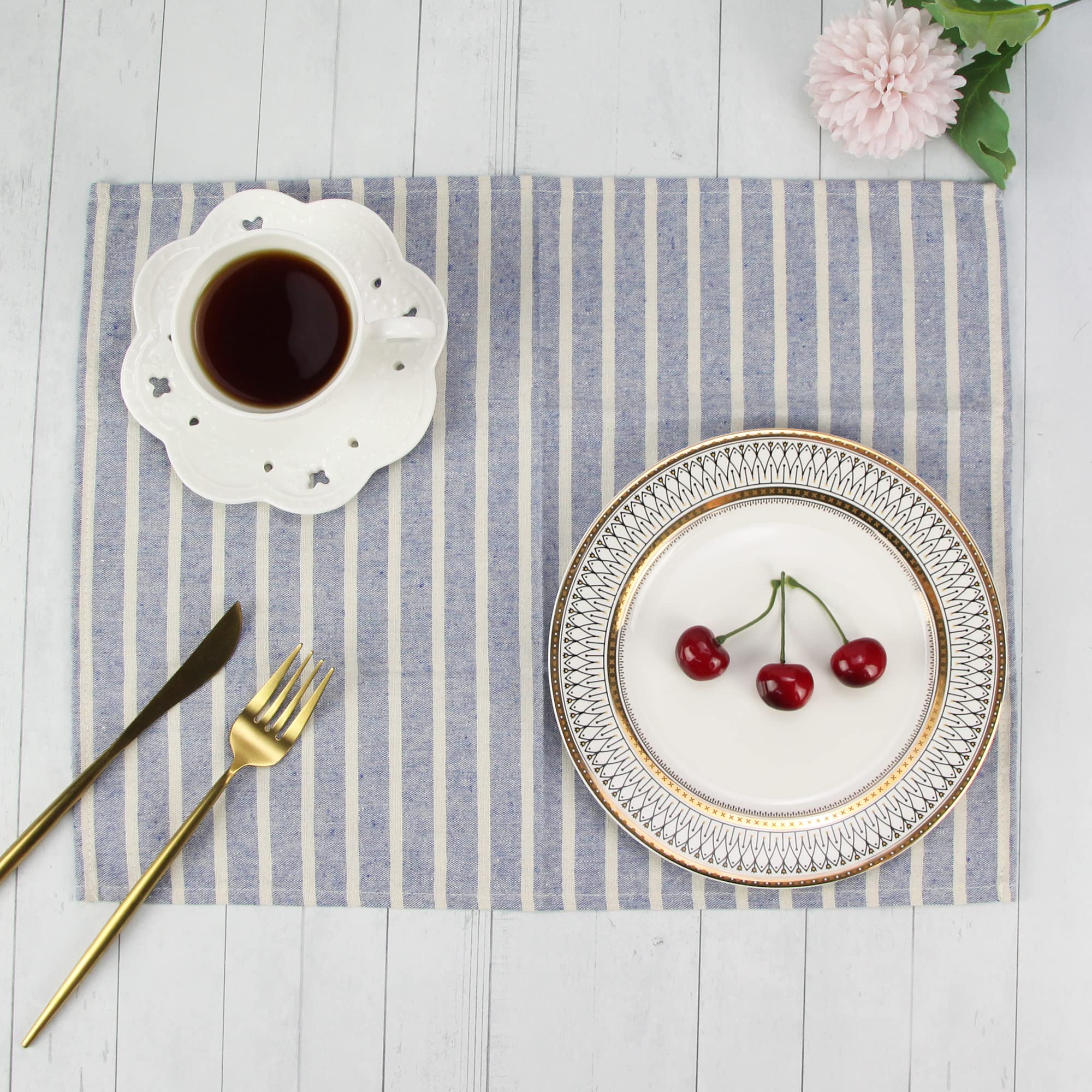 Infei Broad Striped Cotton Blended Dinner Cloth Napkins - Set Of 12 (40 X 30 Cm) - For Events & Home Use (Blue)