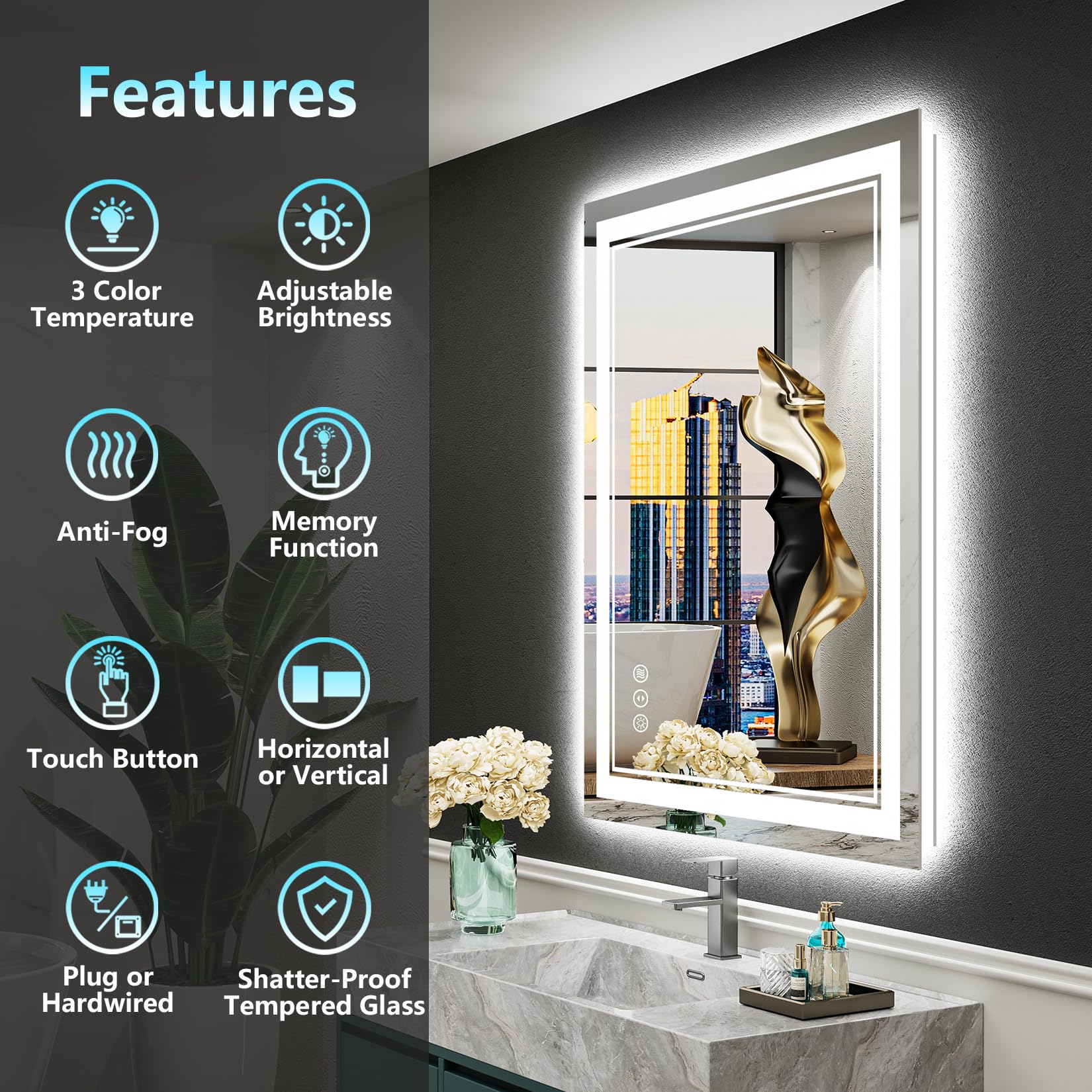 Awandee 60X36 Led Bathroom Mirror With Lights, Front And Backlit Led Mirror For Bathroom, Anti-Fog Lighted Bathroom Mirror, Dimm