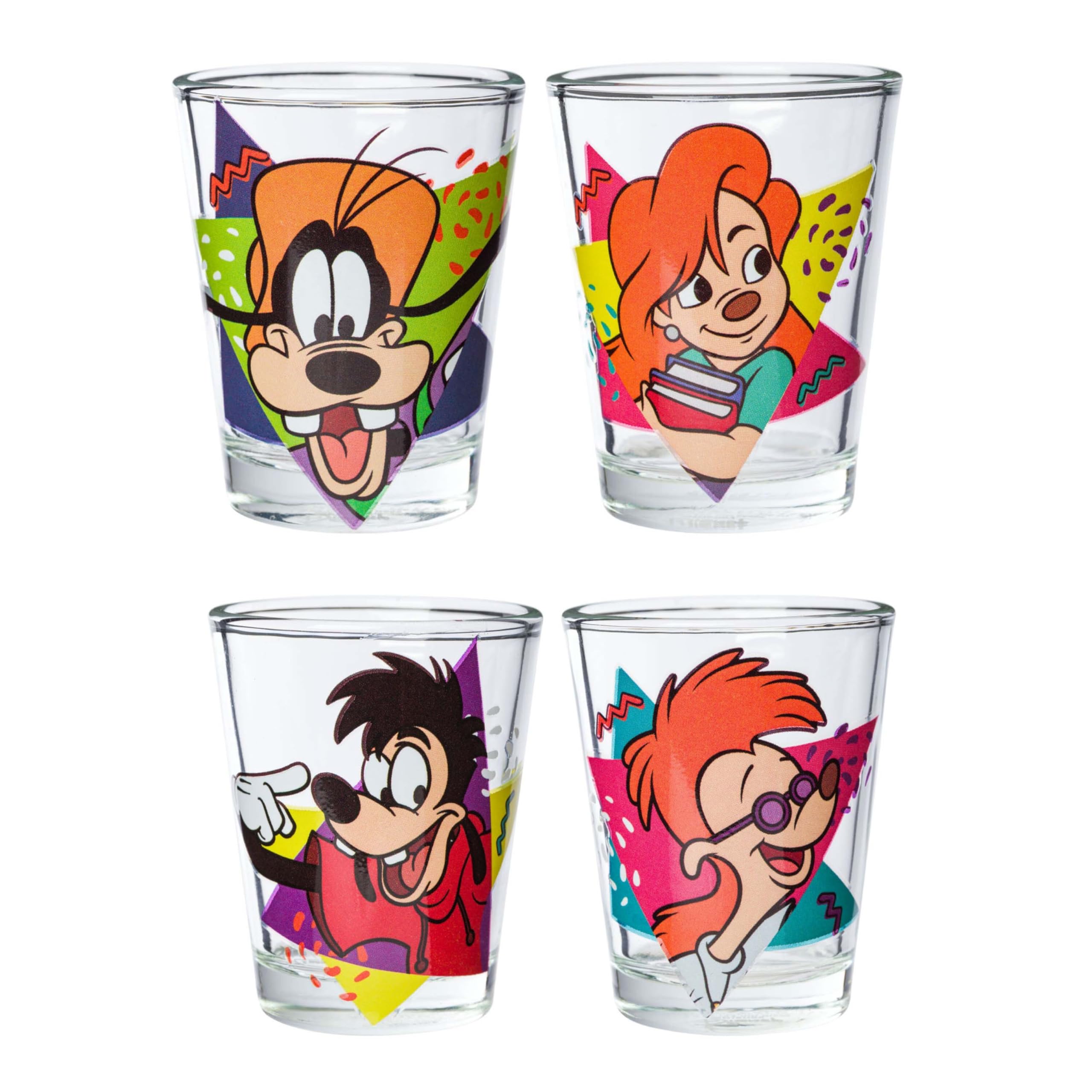 Silver Buffalo Disney A Goofy Movie Featuring Goofy, Max Goof, Roxanne And Bobby Zimuruski 4 Pack Mini Glass Set, 1.5 Ounces