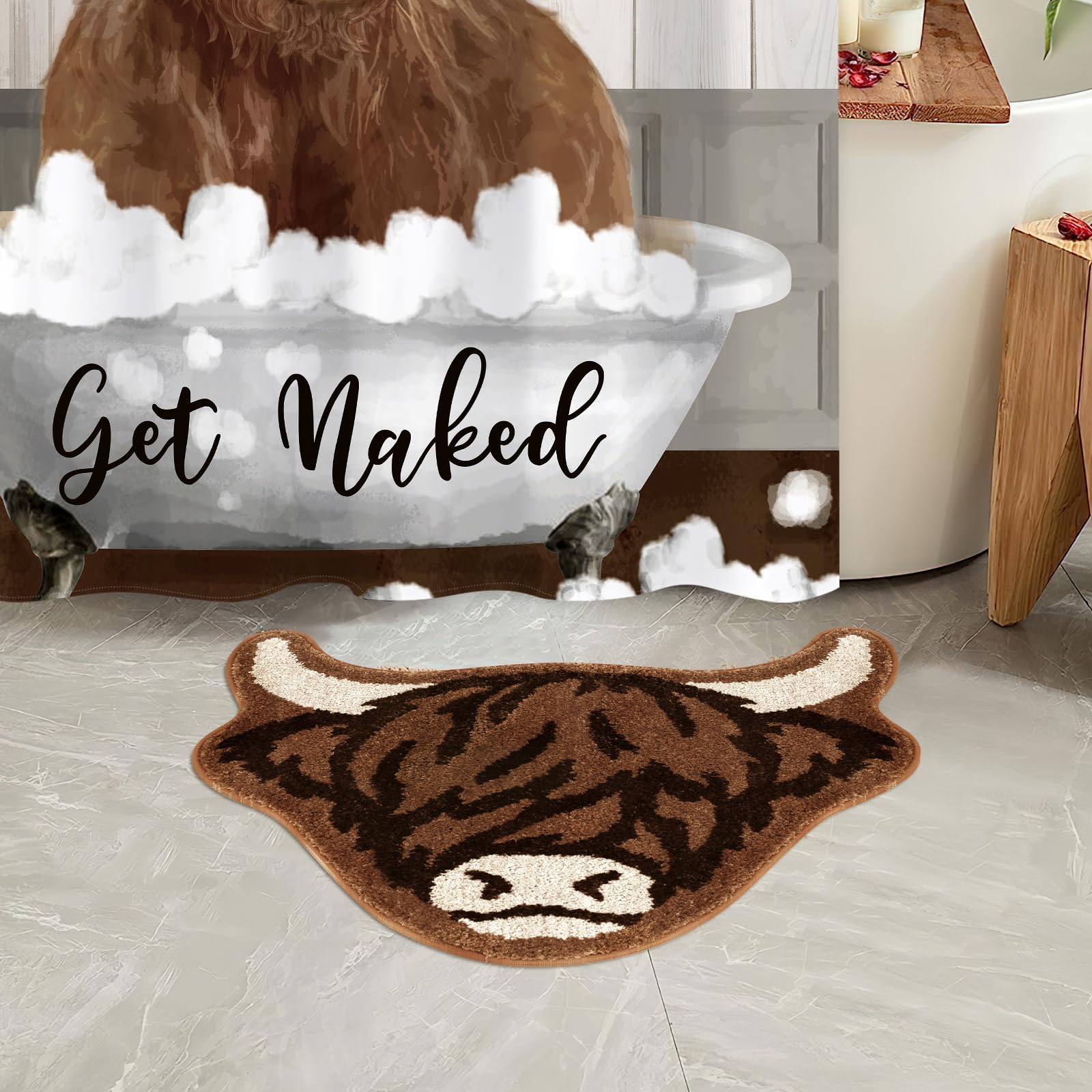 Percozzi Highland Cow Tufted Rug Bath Mat Scottish Long Horn Fluffy Cow Bathroom Shower Mat Softness Bathmat Aesthetic Floor Car