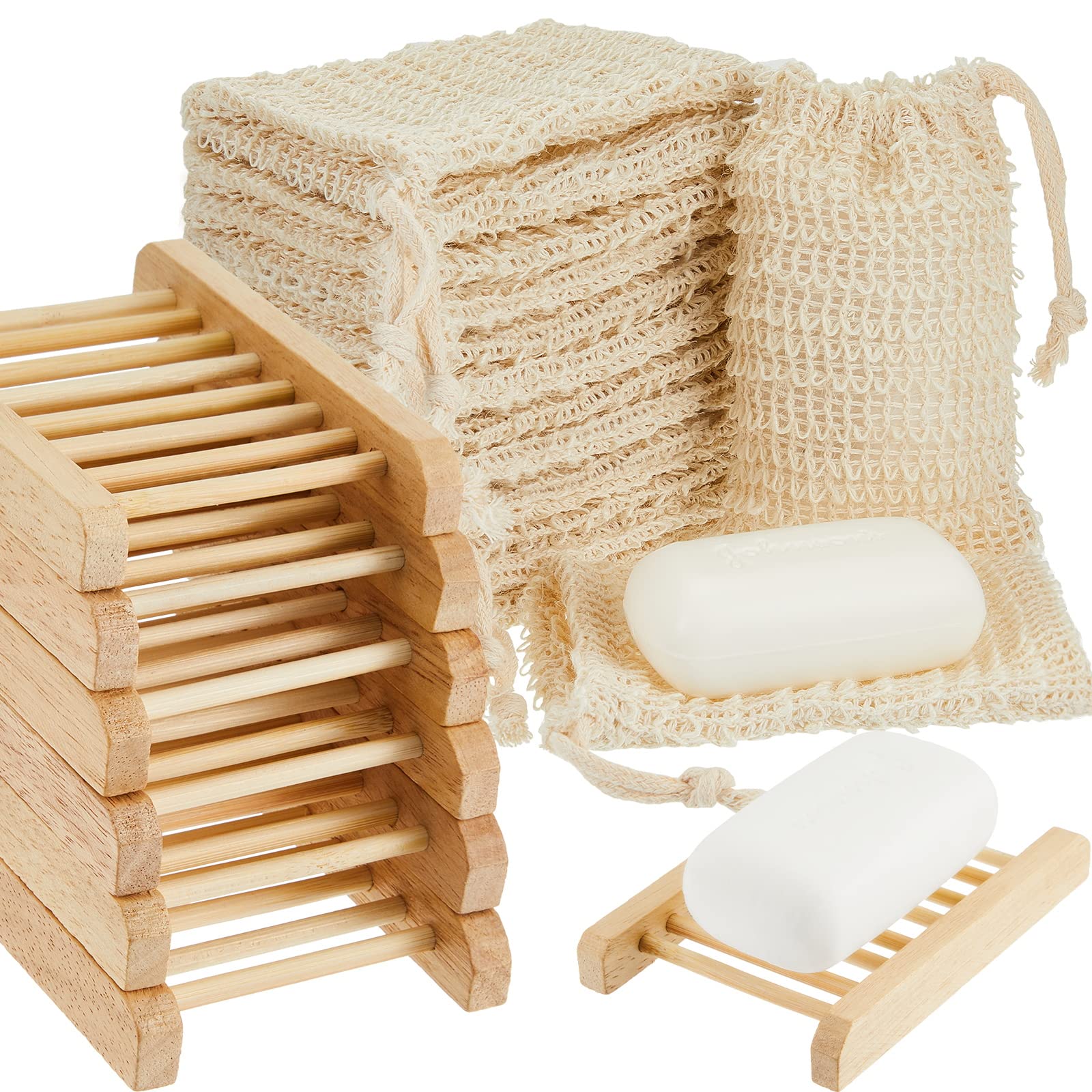 Rtteri 60 Pcs Soap Saver Bags & Bamboo Soap Holder Set Exfoliating Sisal Soaps Washing Bags Self Draining Wooden Bar Soaps Dish 