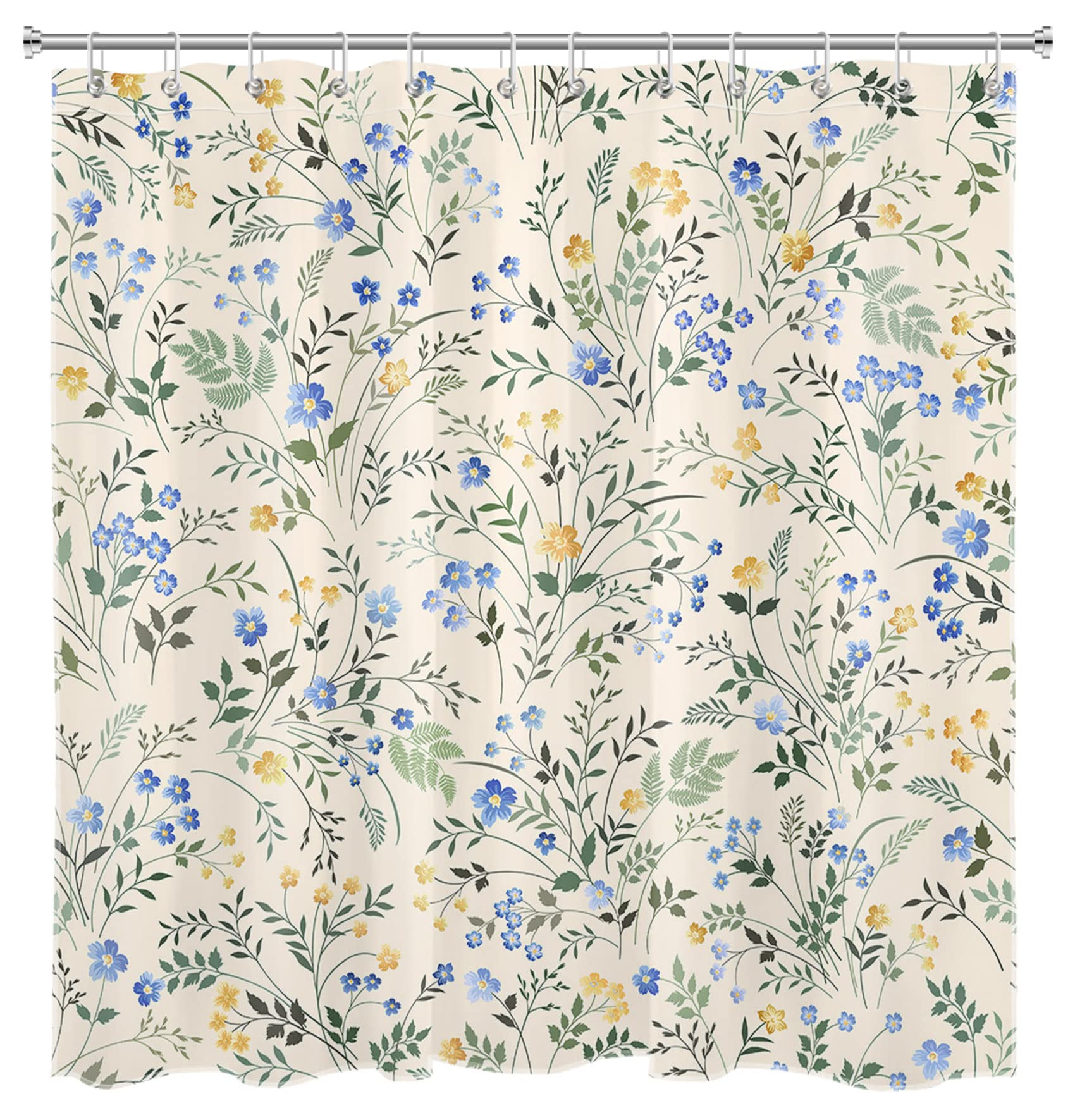 Lb Country Wildflower Shower Curtain Decor,Blue And Yellow Floral Green Leaf Plant On Beige Shower Curtain For Bathroom 72X72 In