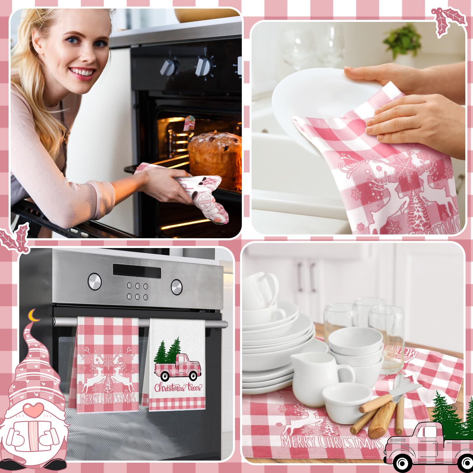 Sratte 6 Pcs Pink Christmas Kitchen Towels Pink White Buffalo Plaid Dishtowels Absorbent Winter Gnome Truck Snowman Bathroom Han