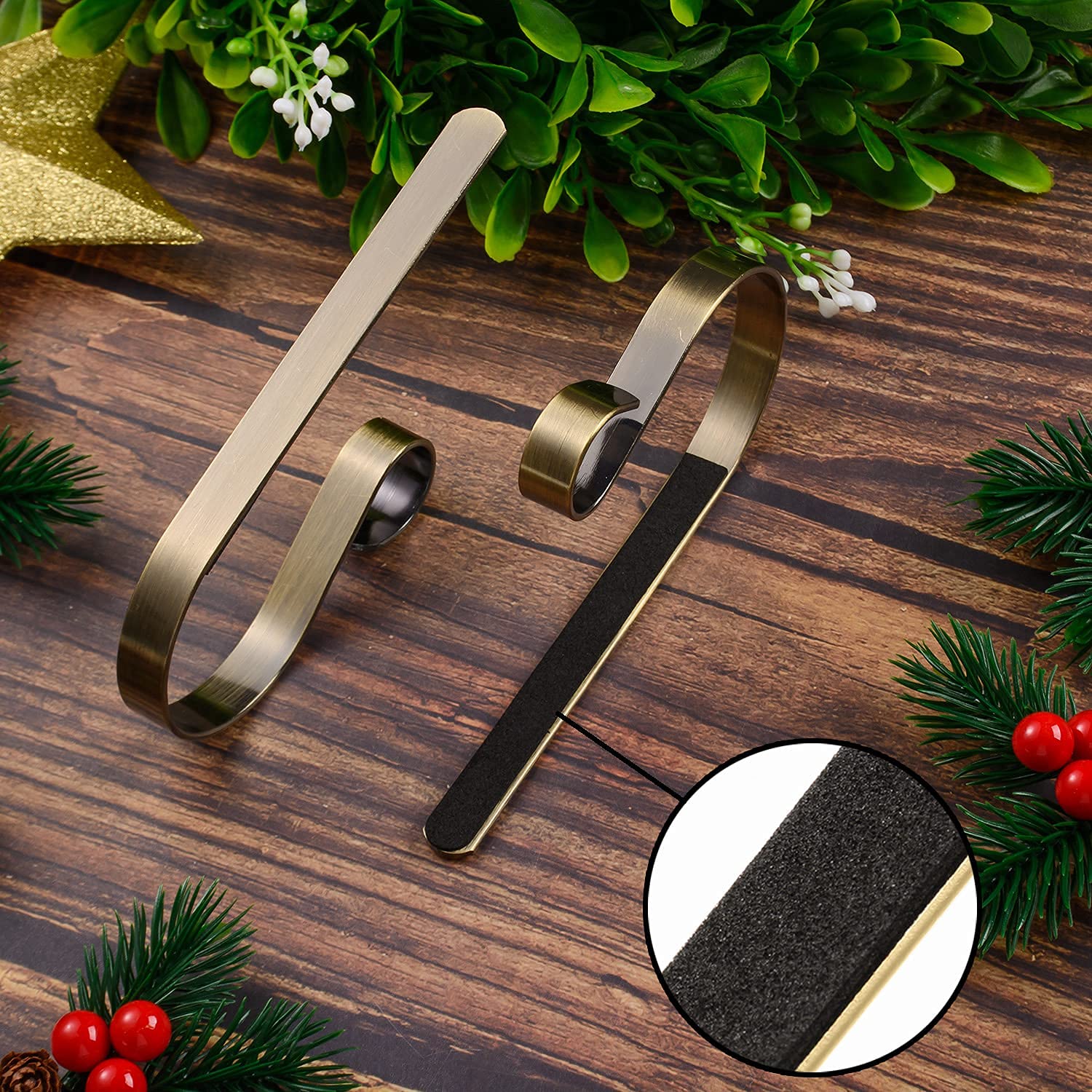 6 Pcs Christmas Stocking Holders Metal Mantel Stocking Hangers Adjustable Hanging Grip Stockings Clip Set (6, Antique Brass)