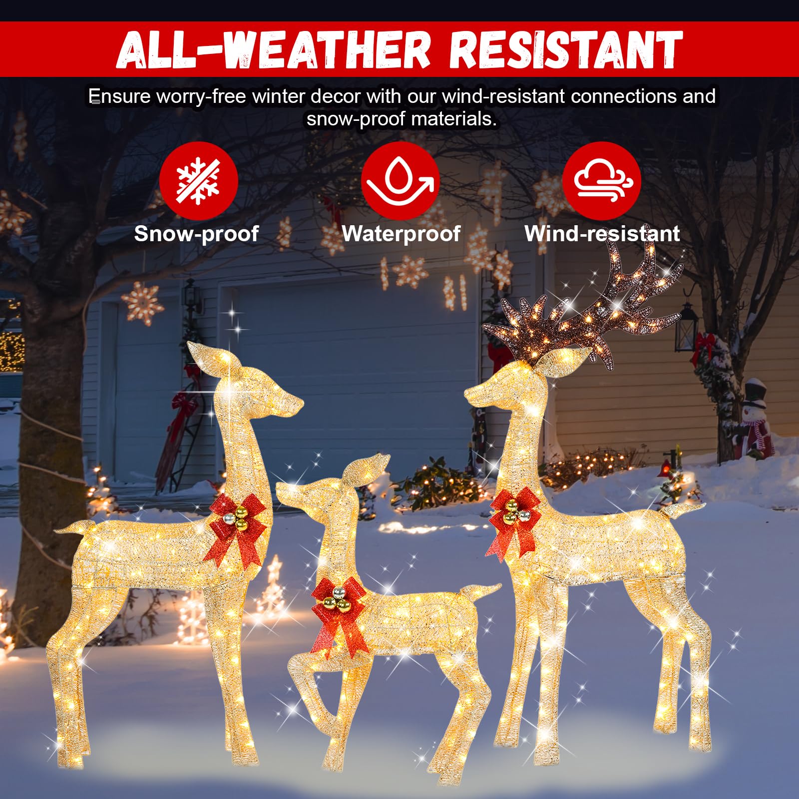 3-Piece 5Ft Lighted Christmas Deer Family Set, 3D Outdoor Christmas Decorations Yard with 280 Warm White LED Lights for Outdoor