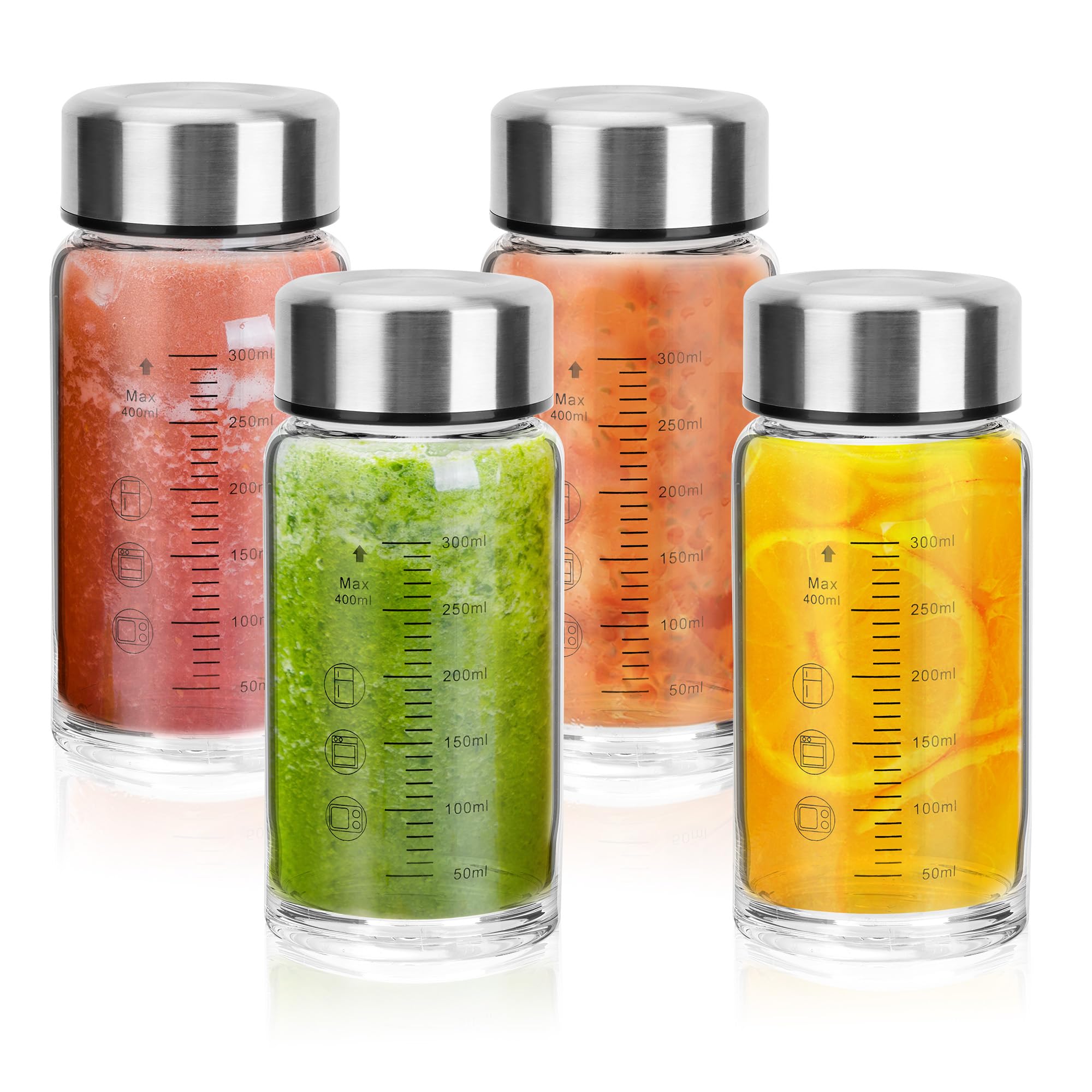 souG 4 Pack 14oz Juice Bottles,Wide Mouth Glass Water Bottles with Lids - for Juicing, Smoothies, Milk, Protein, BPA Free, Reusa