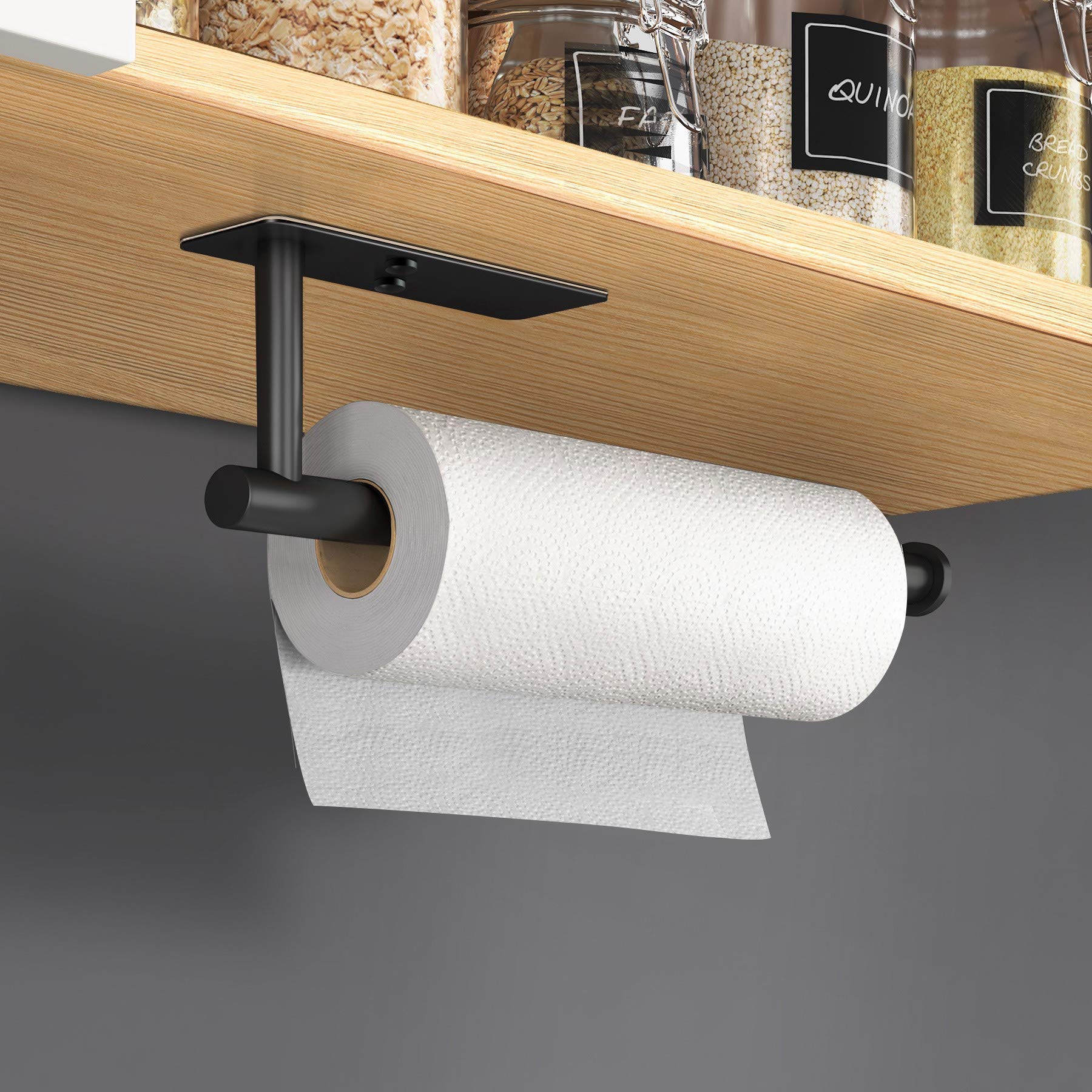 VAEHOLD Self Adhesive Paper Towel Holder Under Cabinet Mount  Wall Mount Paper Towel Roll Rack for Kitchen Cabinet  Bathroom  Wall - SUS304 Stainless Steel Black