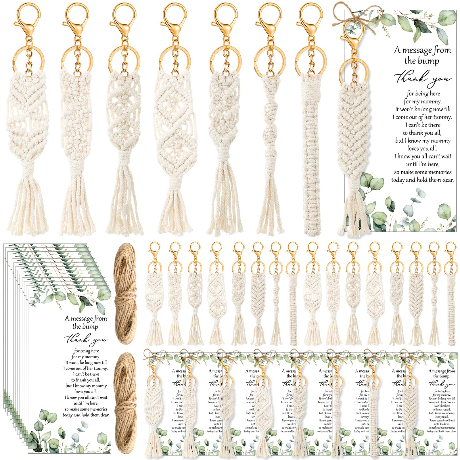 Ecation 48 Sets Baby Shower Favors for Guests Boho Macrame Keychains Crochet Tassel Key Ring Thank You Cards with Rope