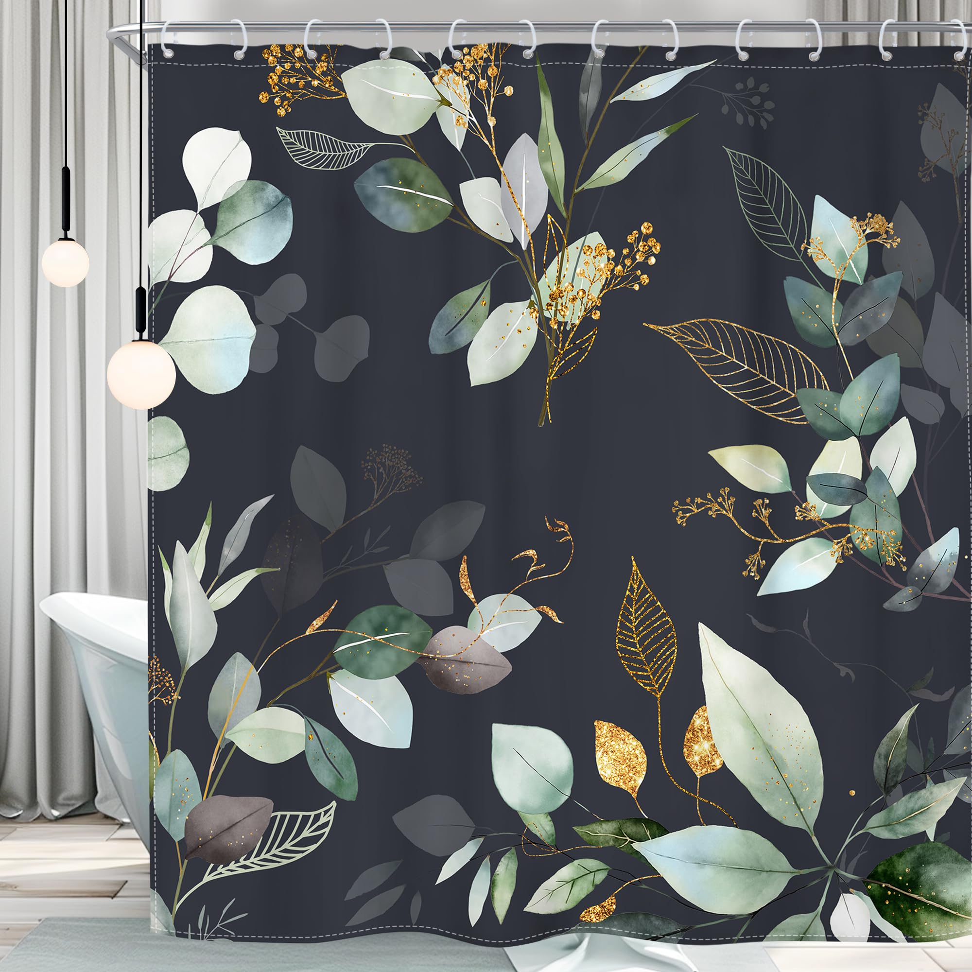 Riyidecor Black Green Shower Curtain Rustic Boho Botanical Tropical Eucalyptus Leaf Gold Watercolor Plants Spring 60Wx72H Inch M