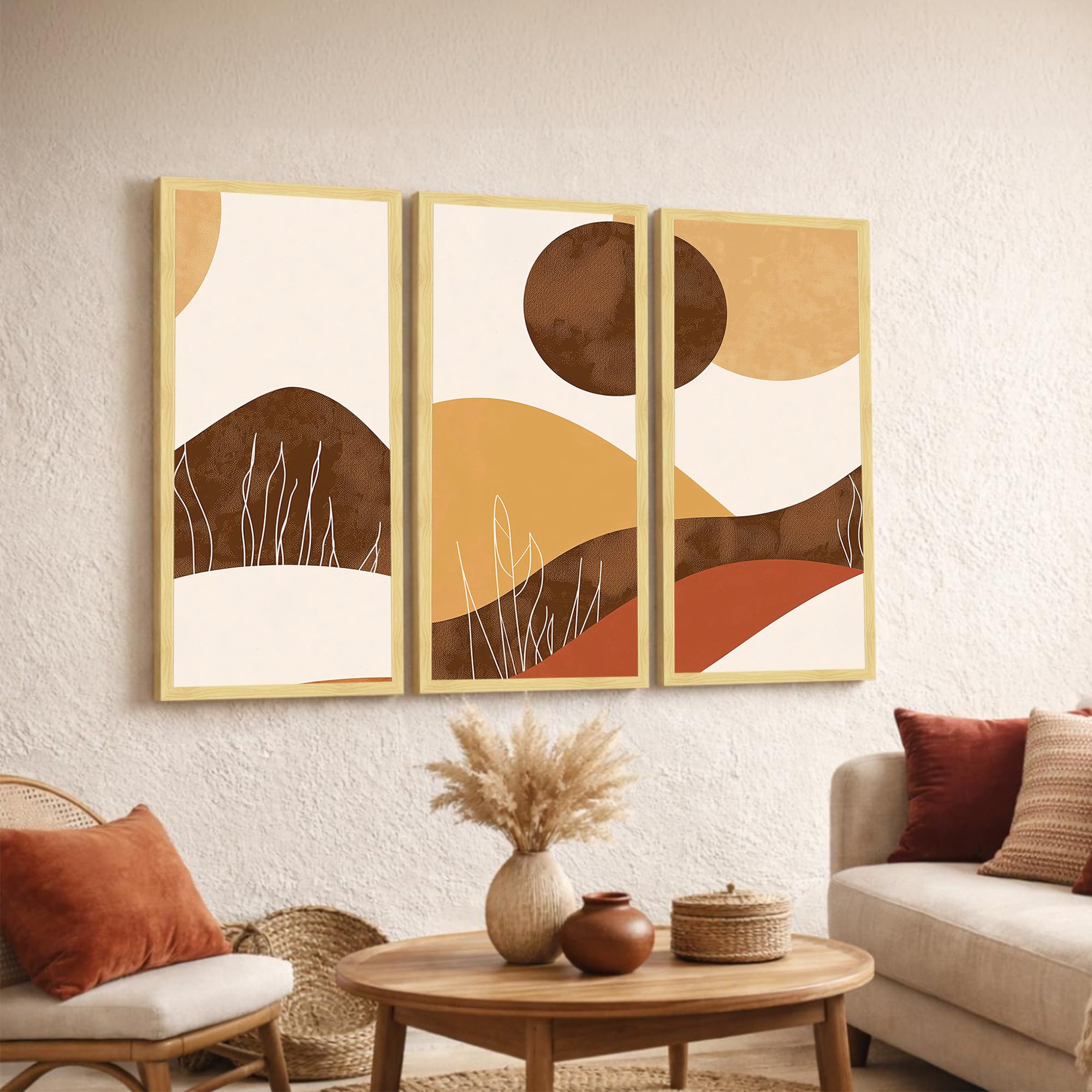 Paintingmantra Abstract Landscape Framed Wall Art Set Of 3 | Modern Boho Geometric Wall Dcor | Engineered Wood Frame Prints For 