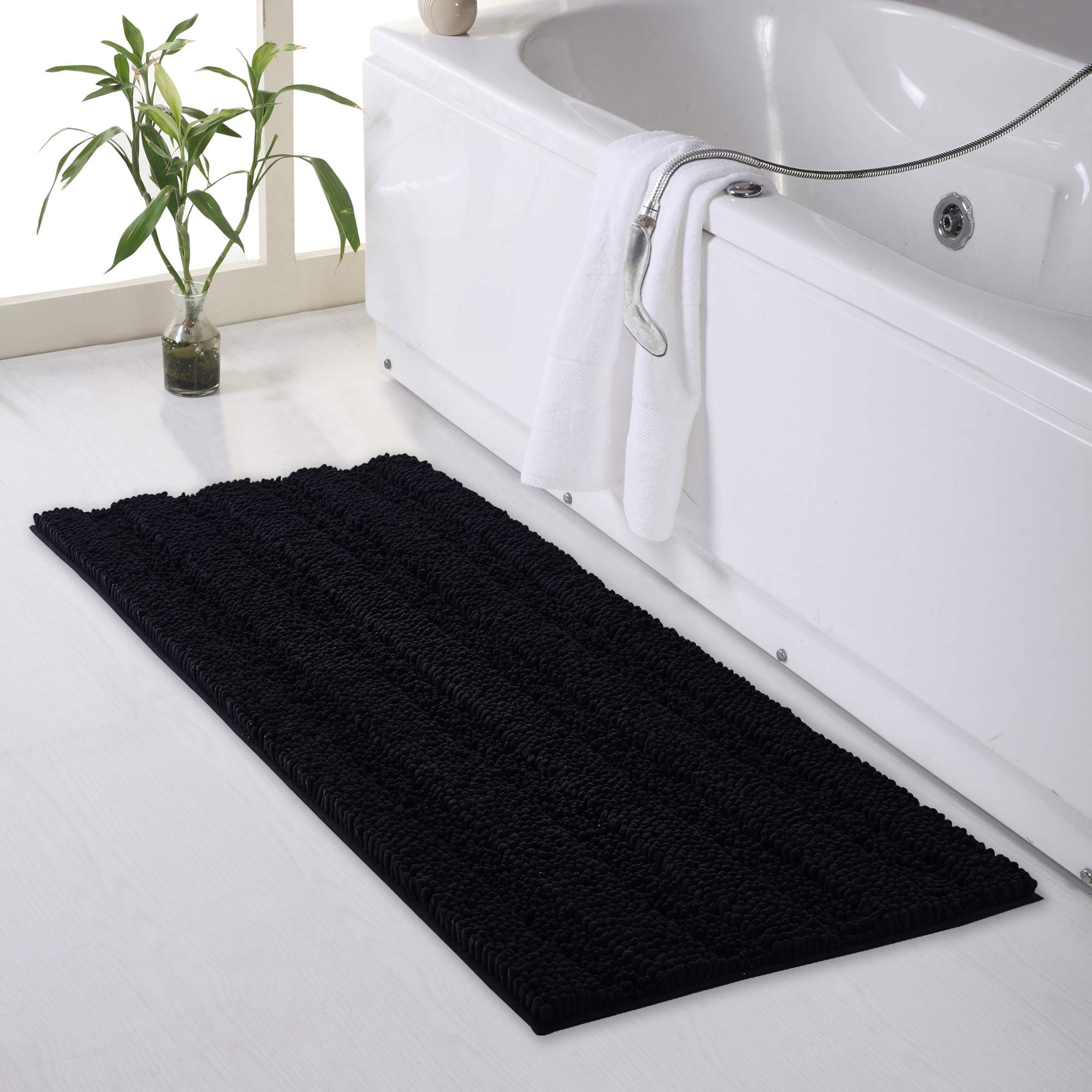 Water Absorbent Bathroom Rugs - Black Bath Mat Non-Slip Thick Shaggy Floor Cover Quick Drying Shower Carpet For Toilet Shower Ki